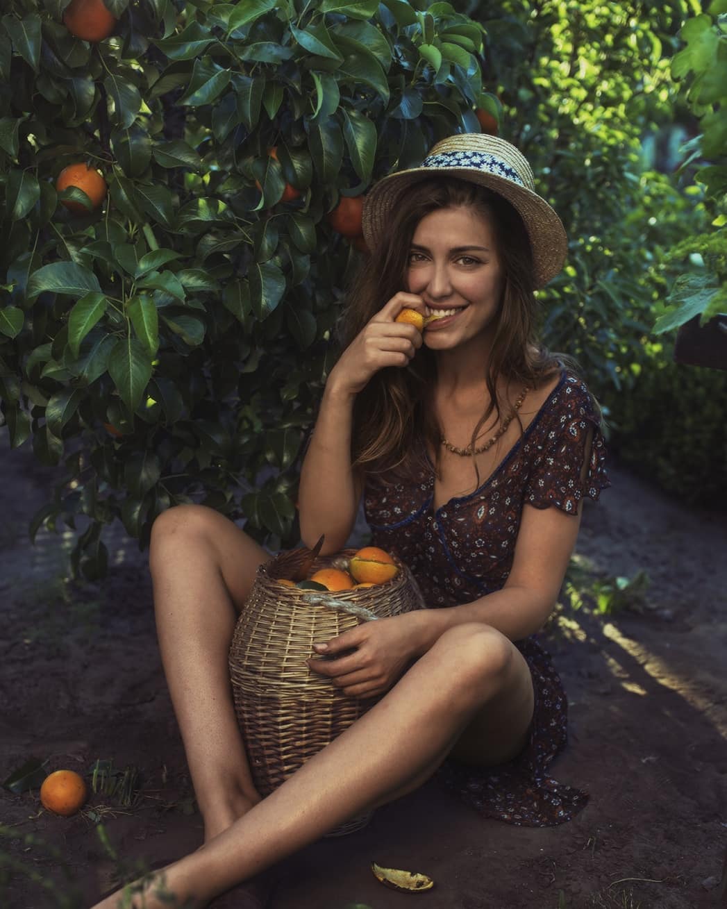David Dubnitskiy Model Women Outdoors Fruit Smiling Sitting Hat 1047x1309