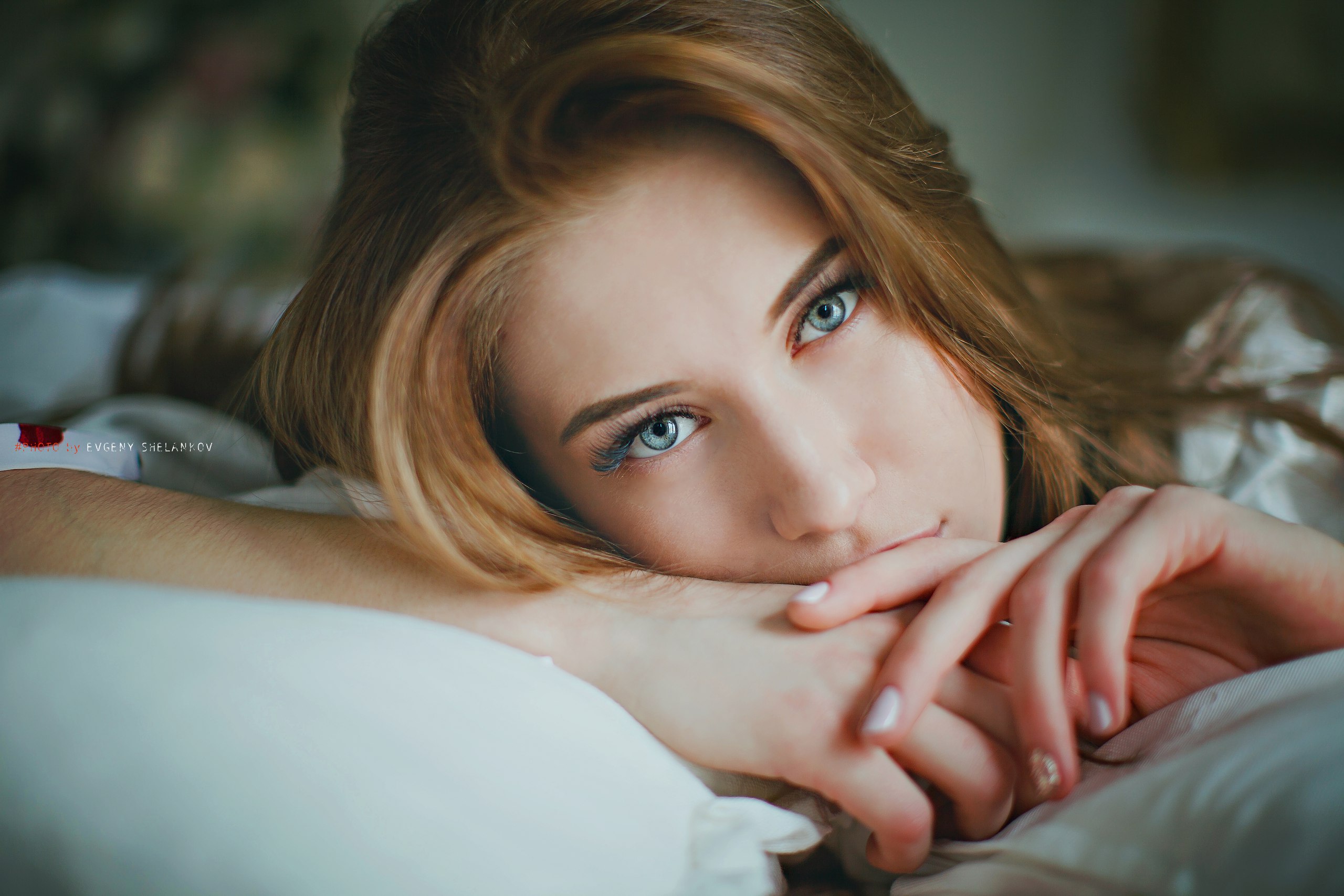 Women Redhead Face Portrait In Bed Closeup Blue Eyes Long Hair Evgeny