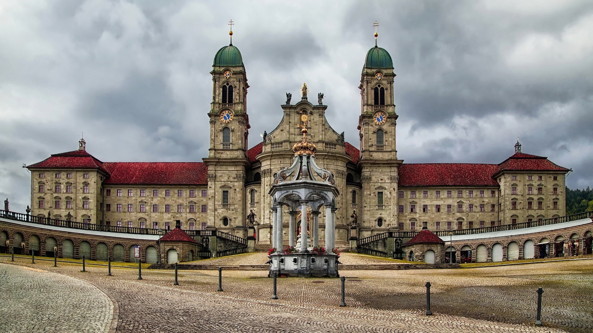 Architecture Building Castle Clouds Tower Trees Clock Tower Switzerland Mirrored Sculpture Christian 1920x1080