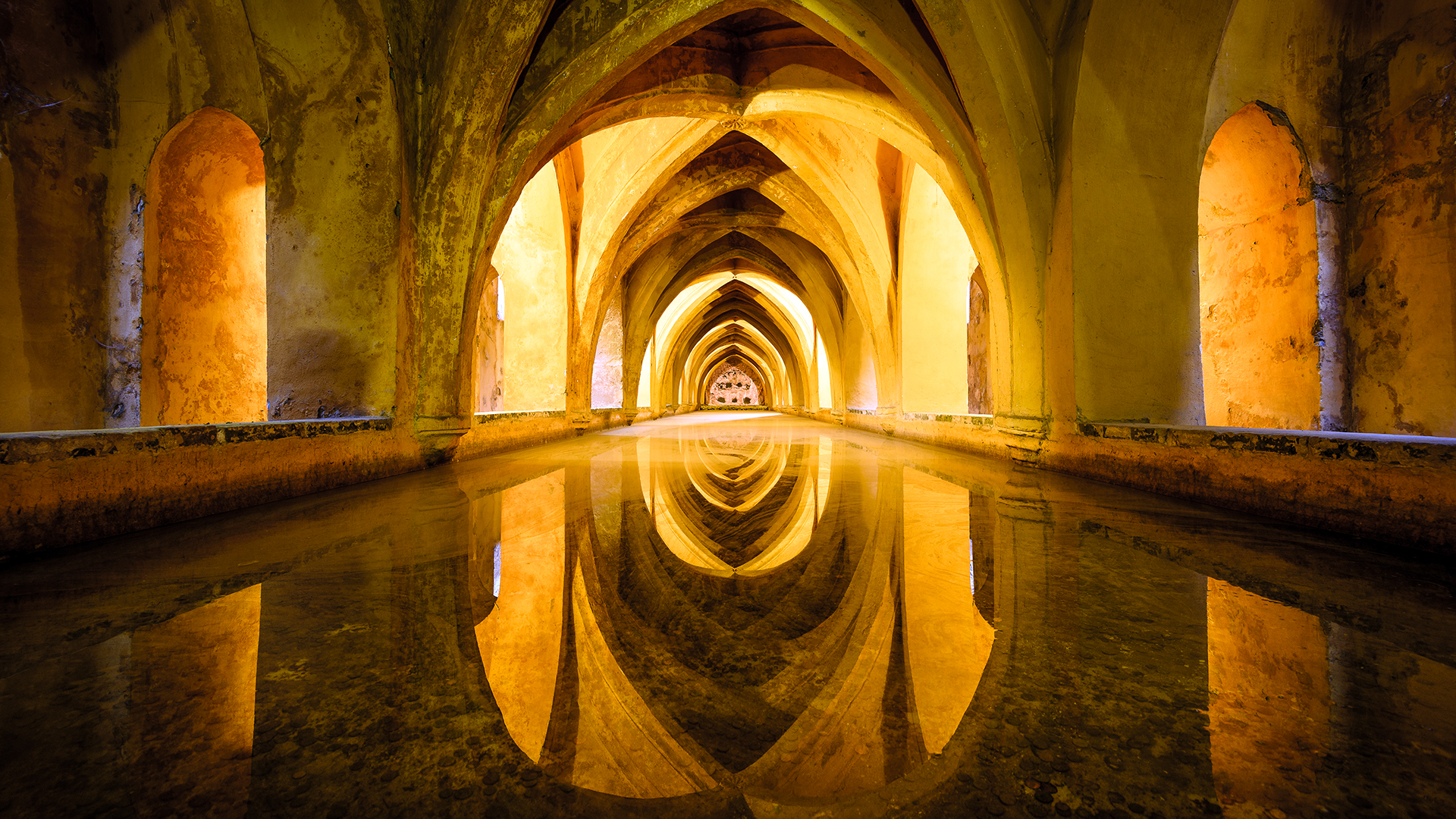 Architecture Building Sevilla Spain Arch Symmetry Reflection Bath Water Ancient Yellow Calm Waters 1920x1080