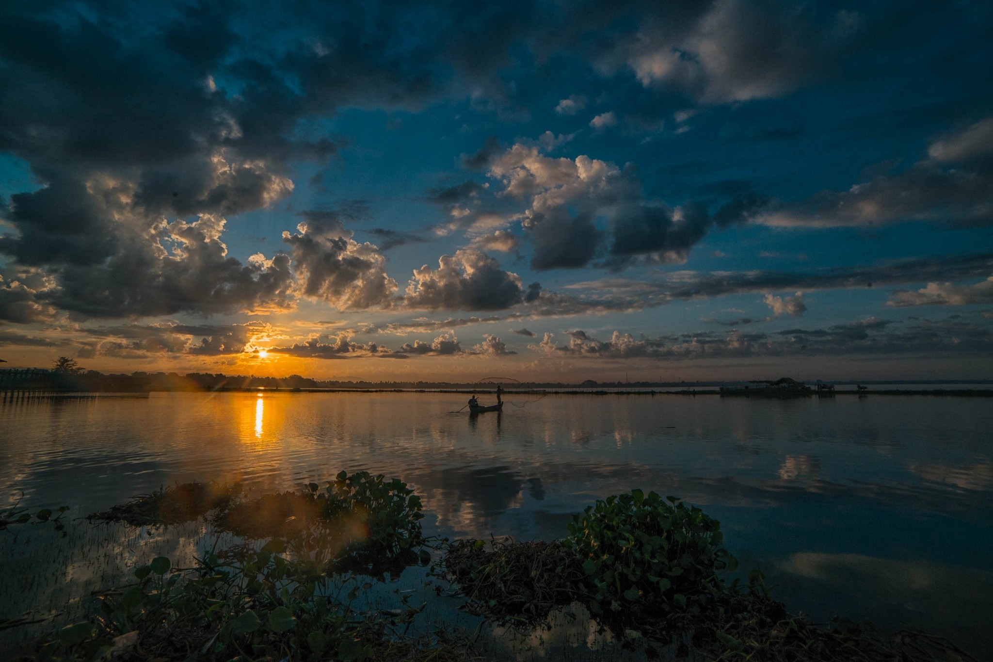Nature Landscape Lake Myanmar Sky Clouds Boat Fisherman Sun Rays Shrubs Daylight 2048x1365