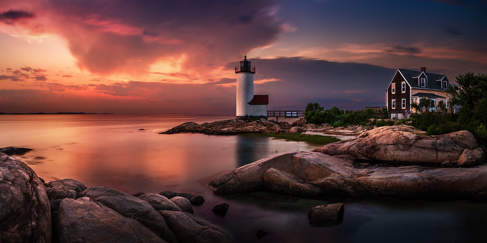 Nature Landscape Sunset Lighthouse Massachusetts Sky Coast Sea Clouds Long Exposure 1600x800