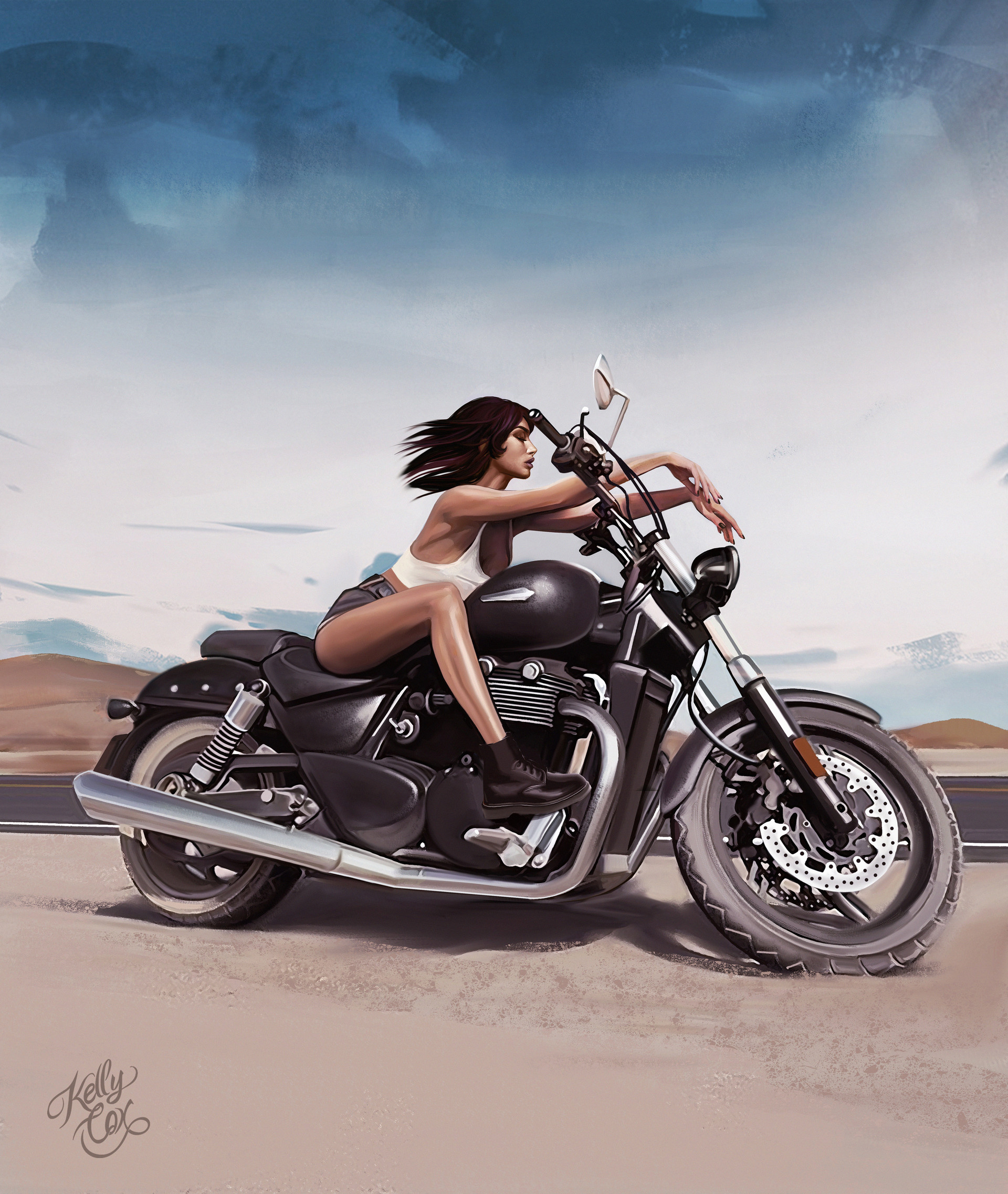 Digital Art Women Kelly Cox Long Hair Digital Painting Signatures Motorcycle Chopper Tank Top Shorts 1920x2274
