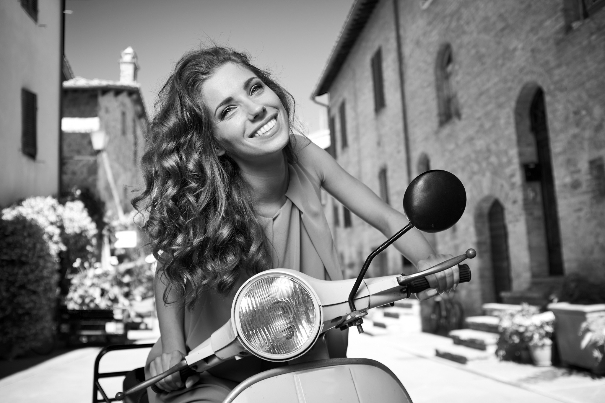 Women Mopeds Smiling Dress Monochrome Long Hair Vehicle Izabela Magier Vespa 2048x1365