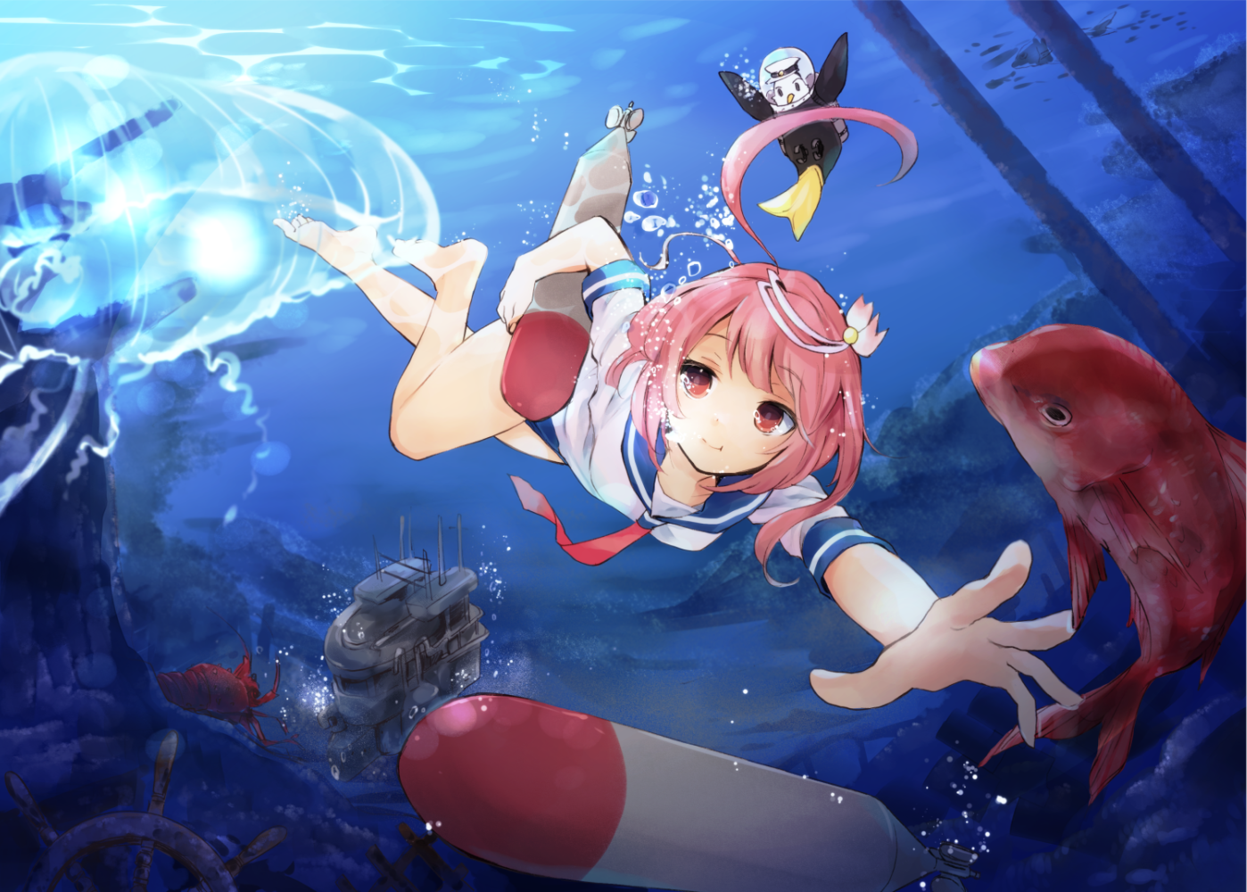Anime Girls Ahoge I 58 KanColle Kantai Collection Pink Hair Underwater 1398x1000