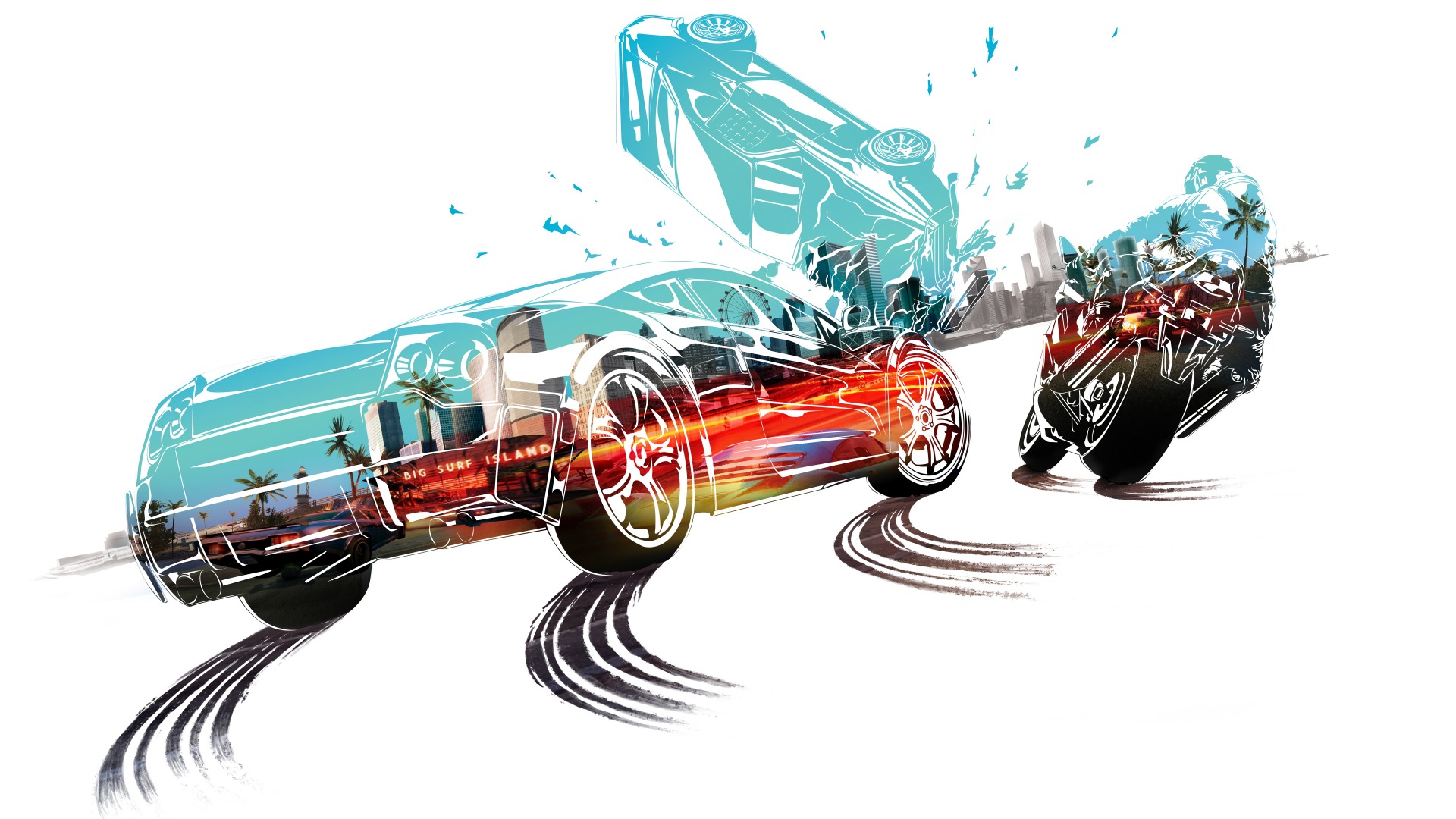Artwork Burnout Paradise Video Games Cyan White Background Orange Tire Tracks Motorcycle Burnout Vid 1920x1080