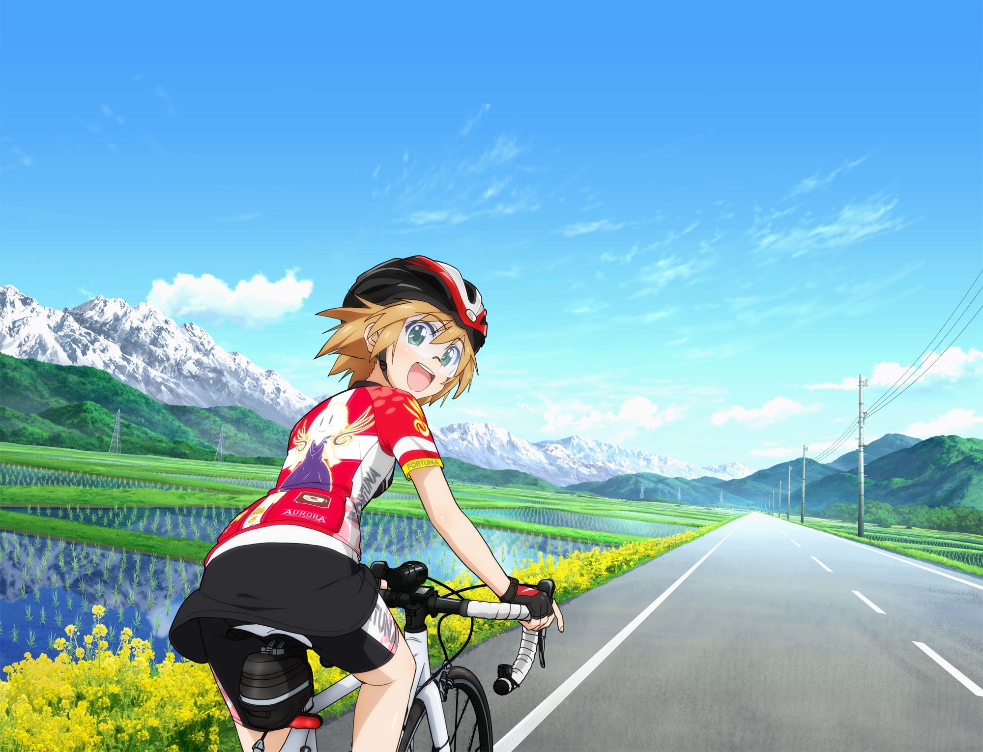 Anime Anime Girls Bicycle Women With Bicycles Short Hair Green Eyes Road Sky 2000x1530