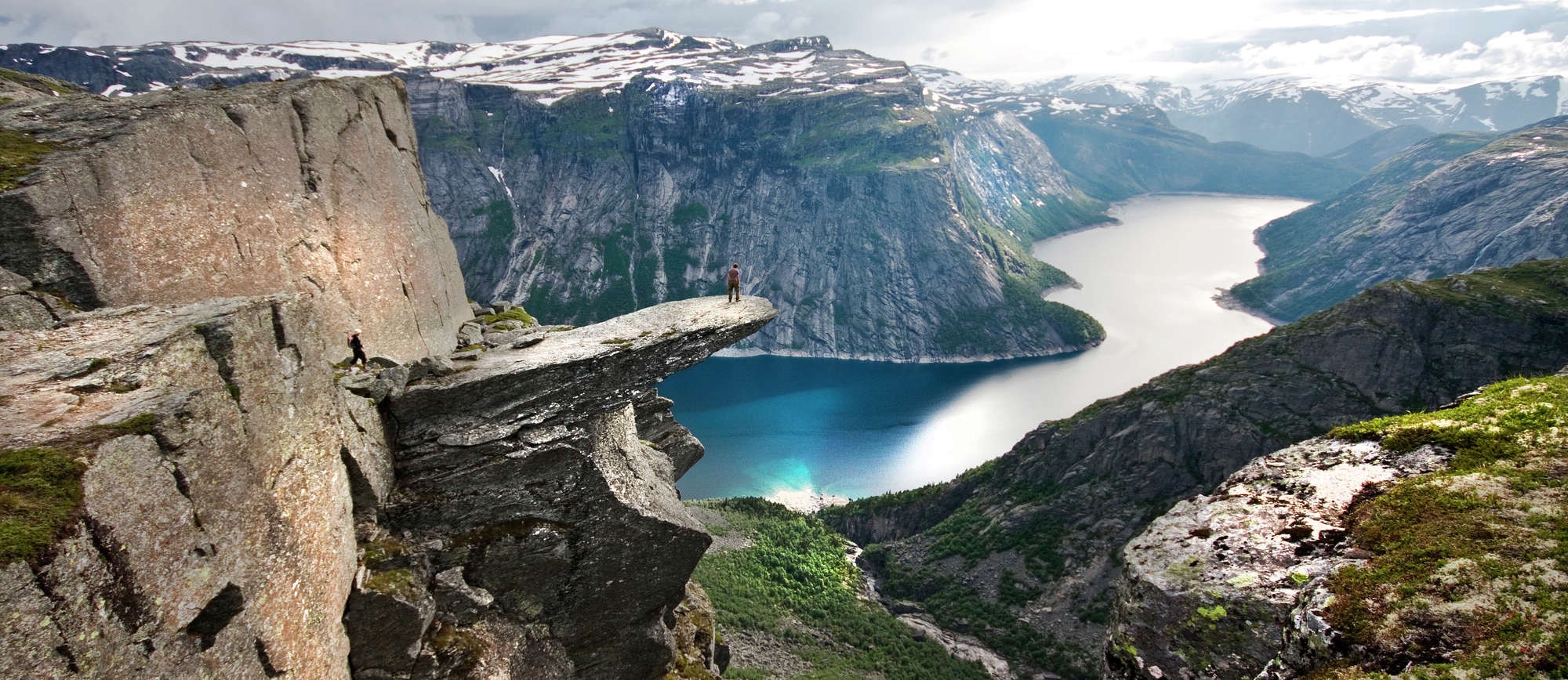 Fjord Sea Cliff Canyon Snow Clouds Rock Norway Landscape Nature Water Mountains Panorama Trolltunga 2000x868
