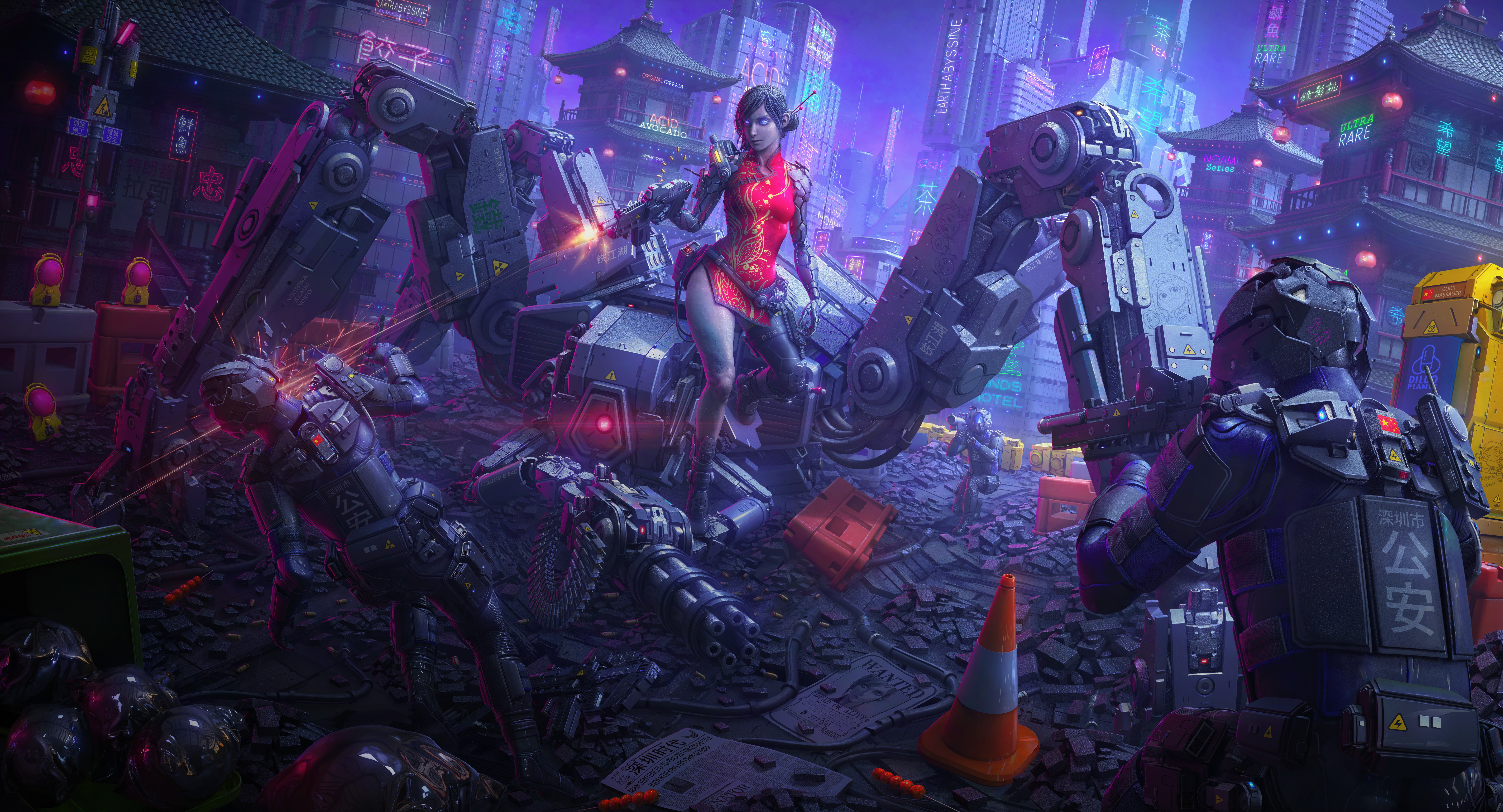 Futuristic Science Fiction Women Cyborg Soldier Exoskeleton Battle Mech Robot Weapon Submachine Gun  8704x4705