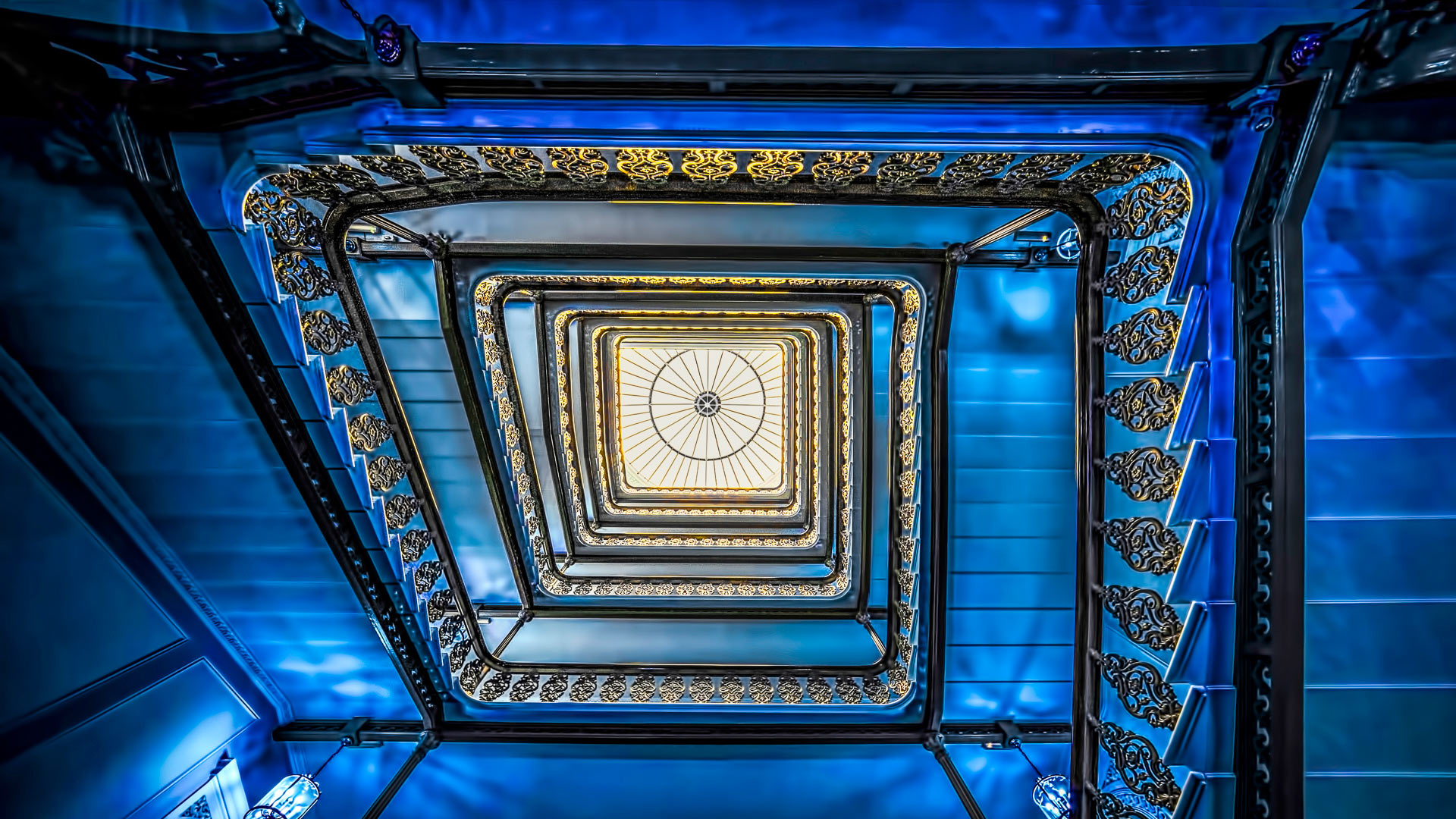 Lights Blue Ladders Stairs Architecture Railings Bottom View Light Bulb Staircase The Grand Brighton 1920x1080