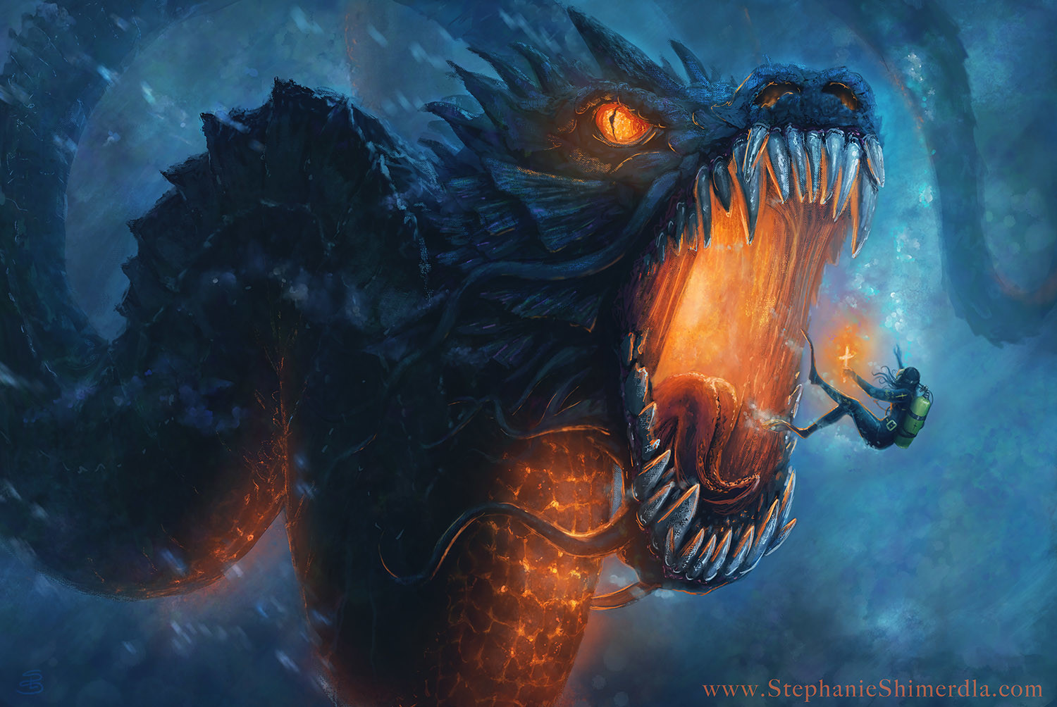 Fantasy Art Dragon Giant Creature Leviathan Water Fire Demon Science Fiction Divers Digital Art 1500x1004