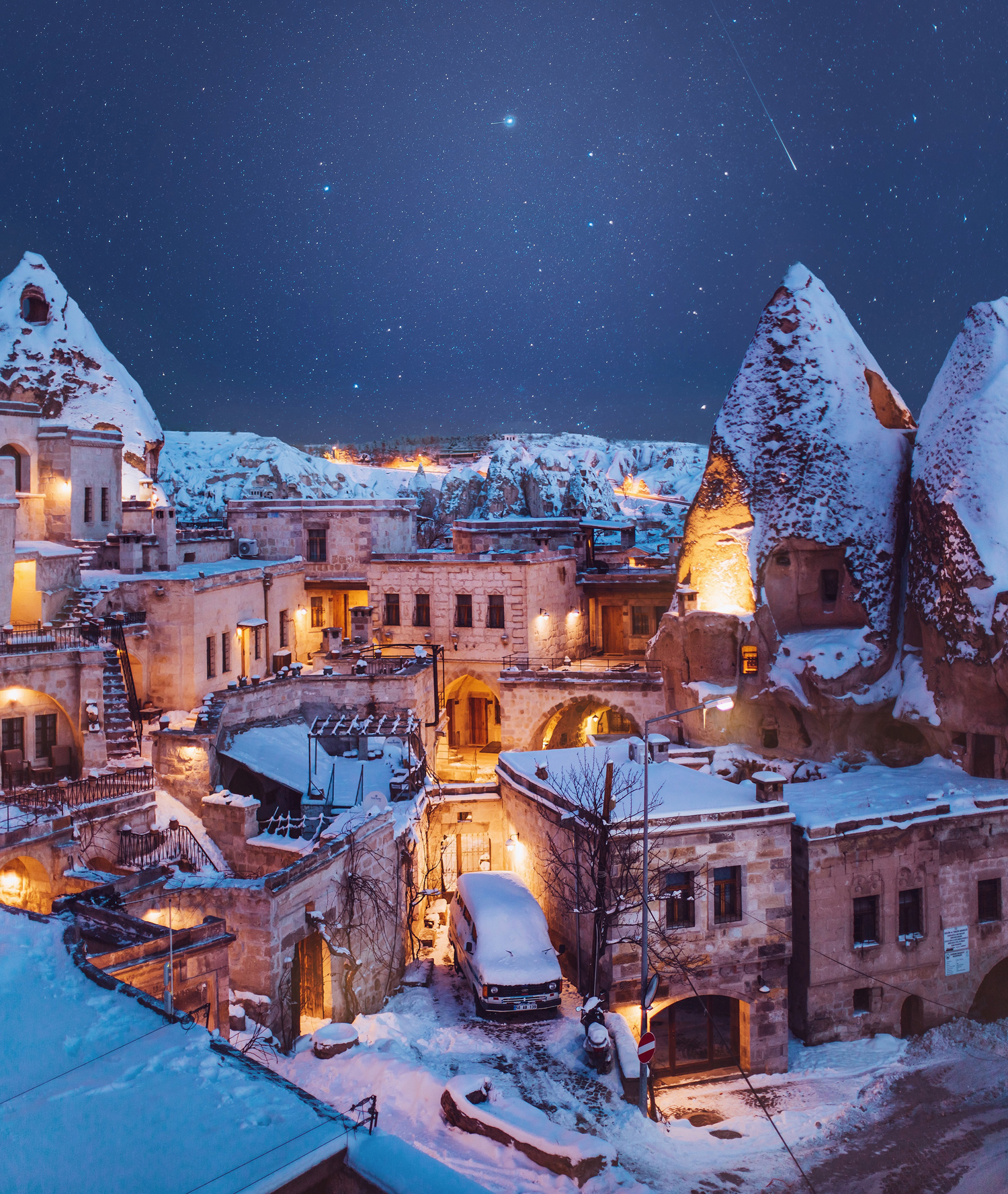 Architecture Building Cityscape City Night Winter Snow Car Lights Old Building House Clear Sky Stars 1500x1777