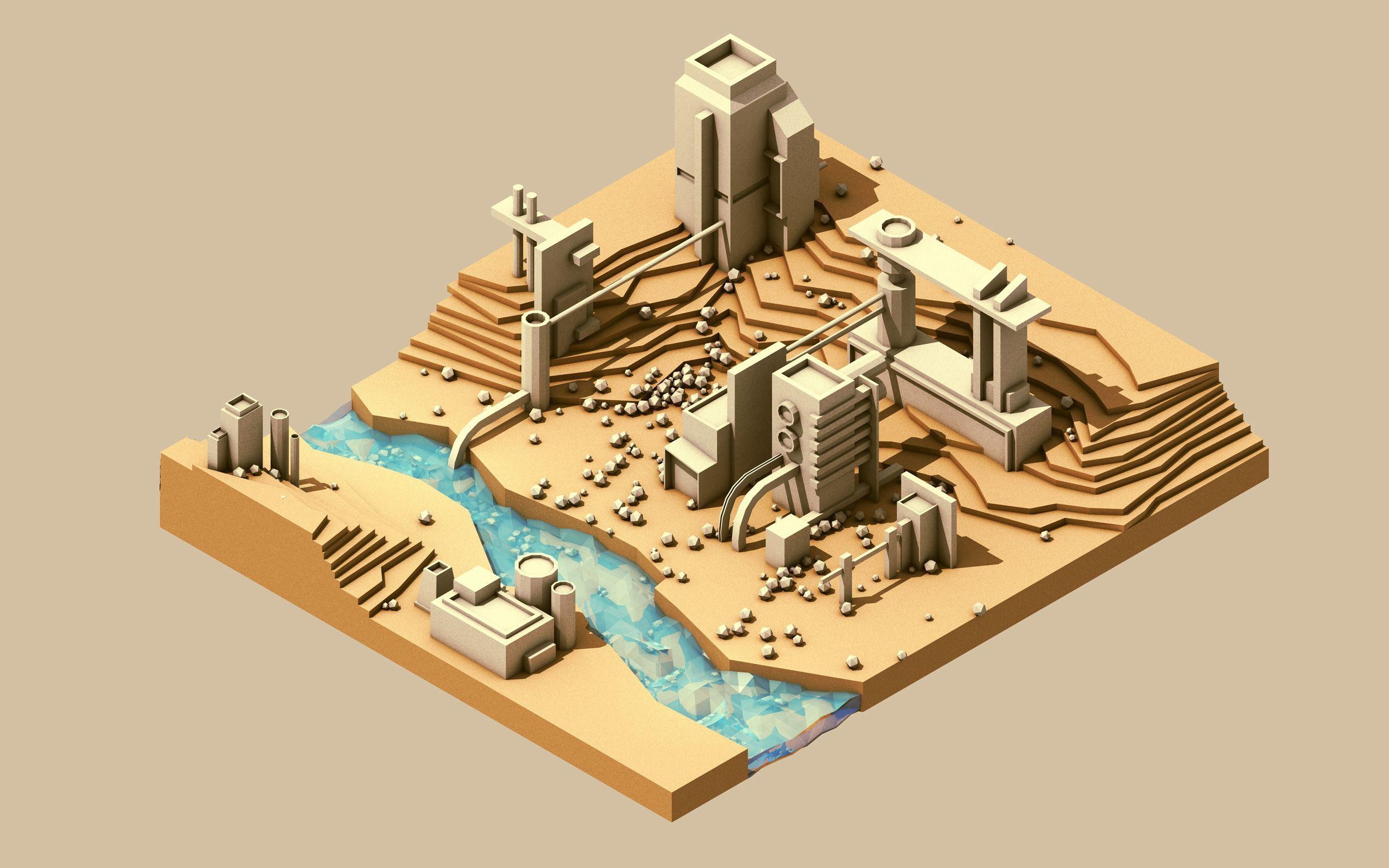 Digital Art Water River Poly Factories Simple Background 3D 2560x1600