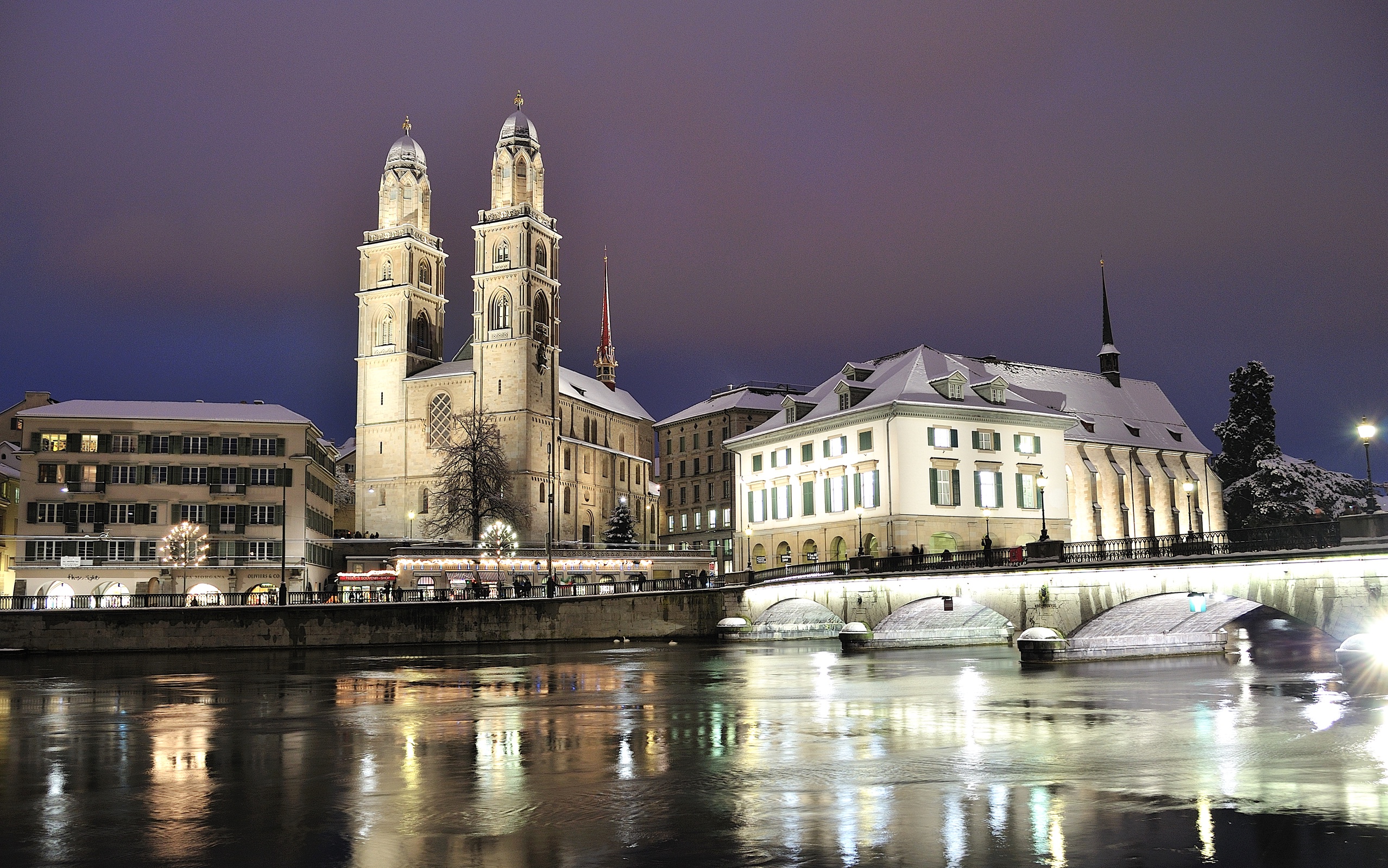 Architecture Building City Cityscape Bridge Cathedral Zurich Switzerland Night Lights River Reflecti 2556x1600