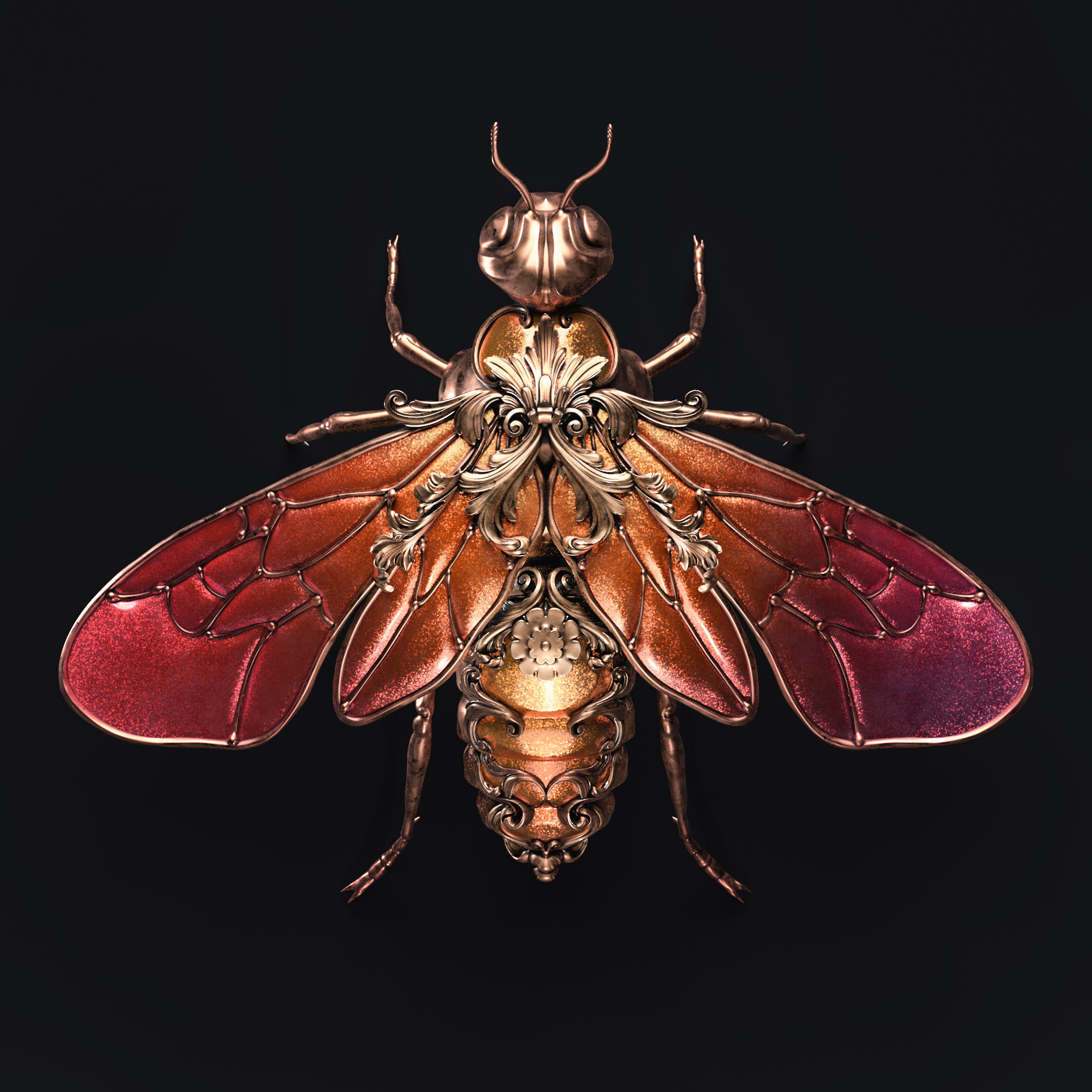 Sasha Vinogradova Jewel 3D Render Insect Ornamented Copper Black Background 1920x1920