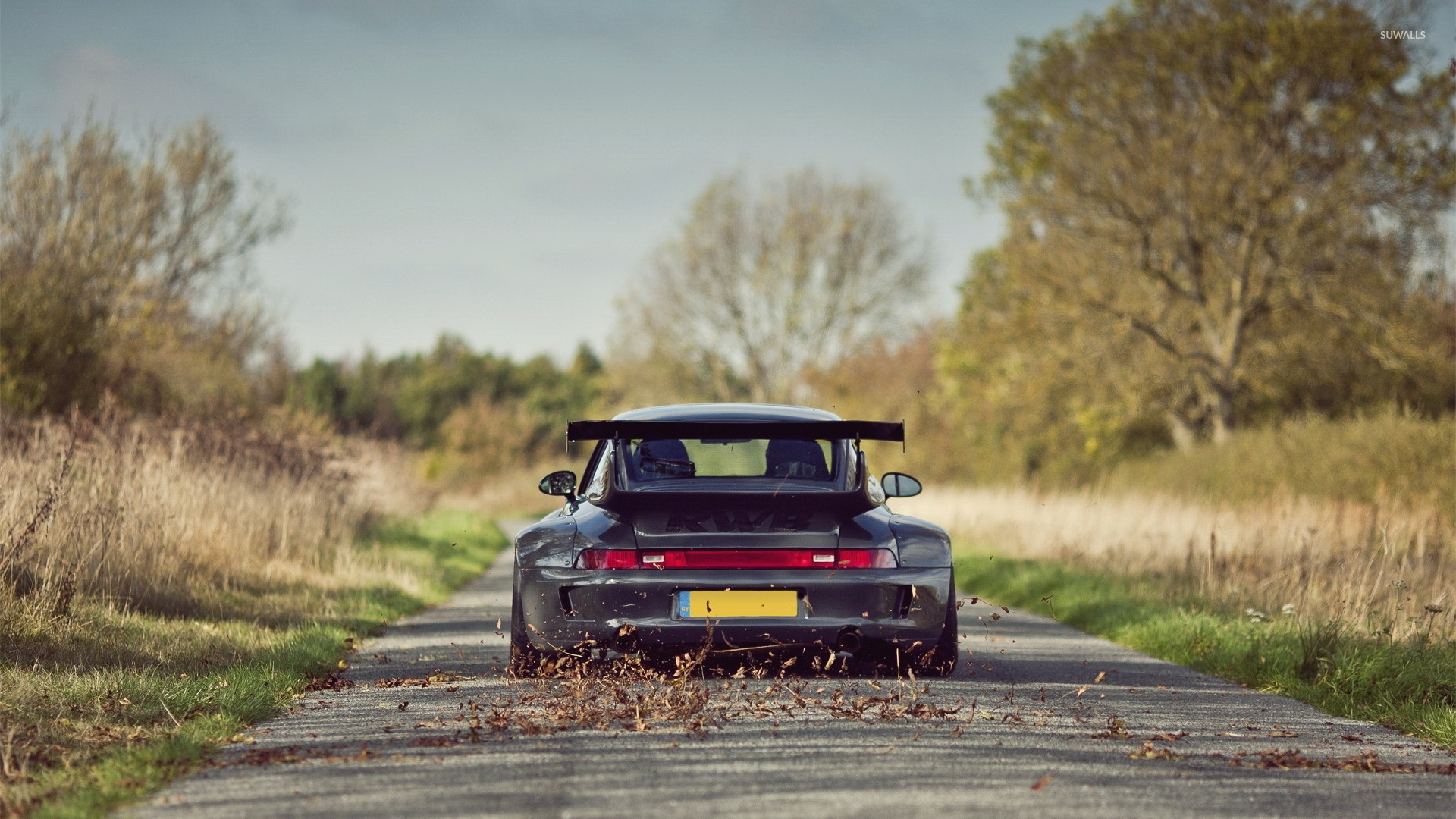 Car Porsche 911 RWB Vehicle Black Cars Leaves Road 1920x1080