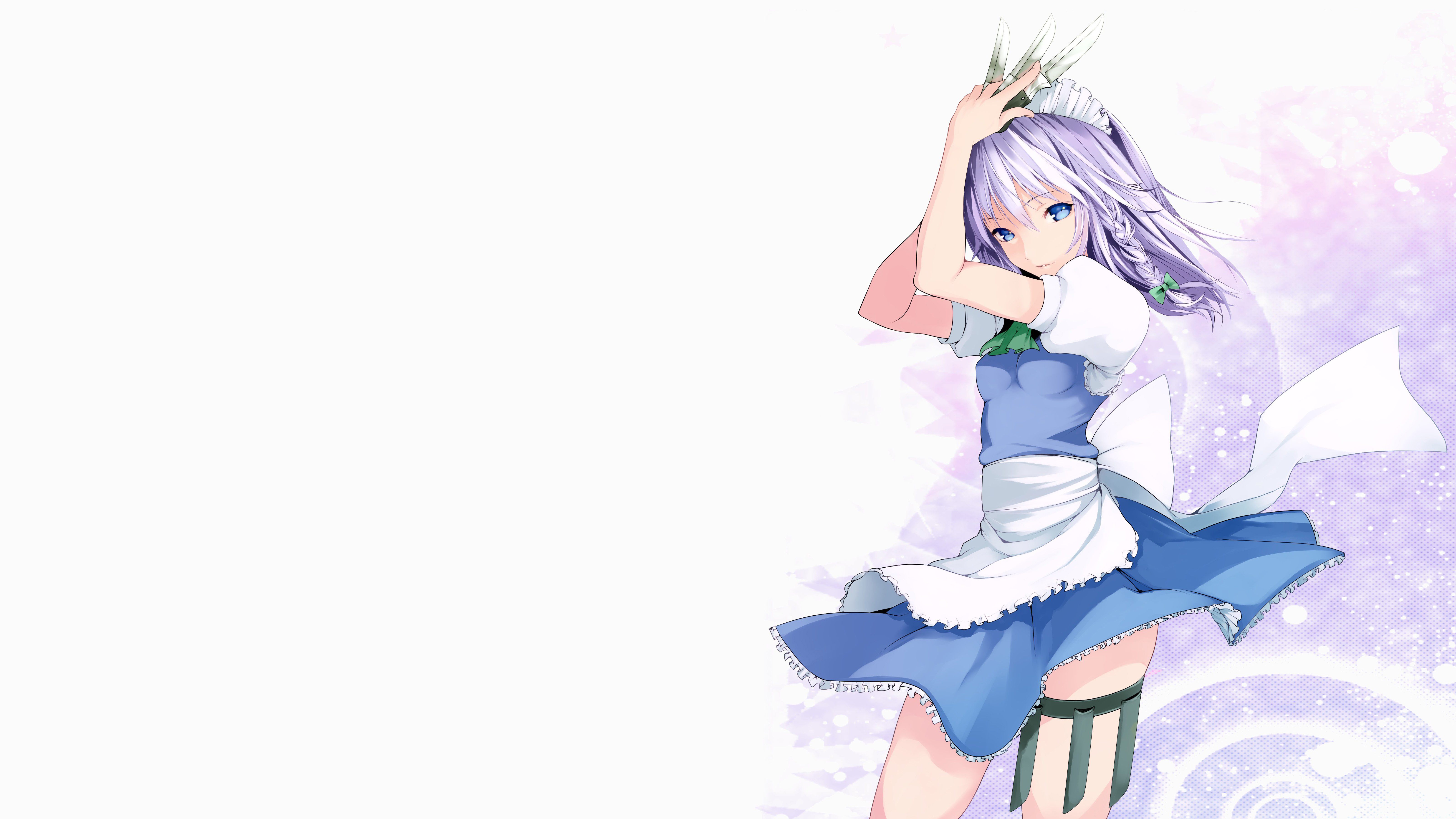 Touhou Anime Girls Simple Background Izayoi Sakuya Gray Hair Short Hair Blue Eyes Maid Weapon Knives 6400x3600