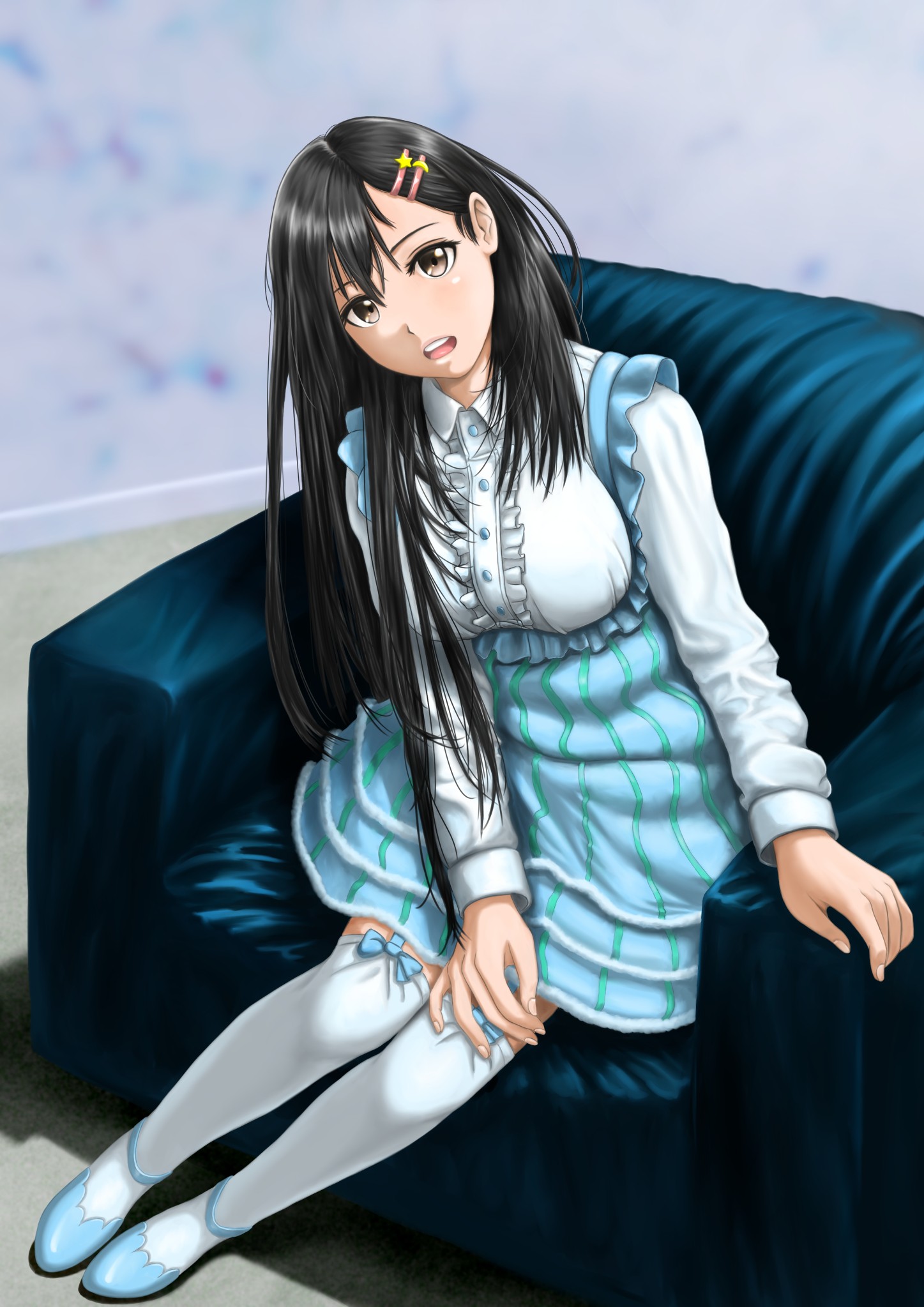 Anime Anime Girls Long Hair Brown Eyes Armchairs Cyan 1447x2047