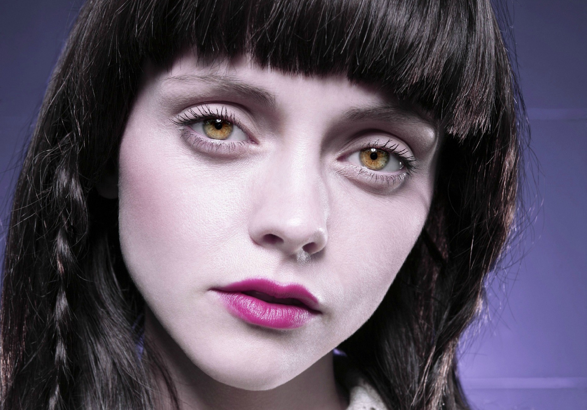 Christina Ricci Actress Women Brunette Yellow Eyes Purple Lipstick Closeup Face Gloomy 1867x1306