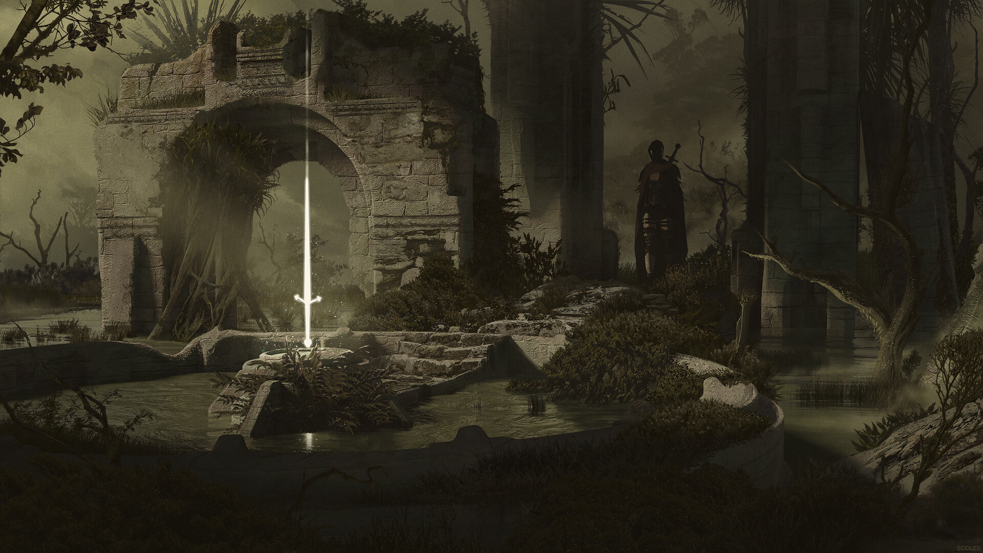 Sword Fantasy Art Adventurers Swamp Environment Warrior Arch Ruins 1920x1080