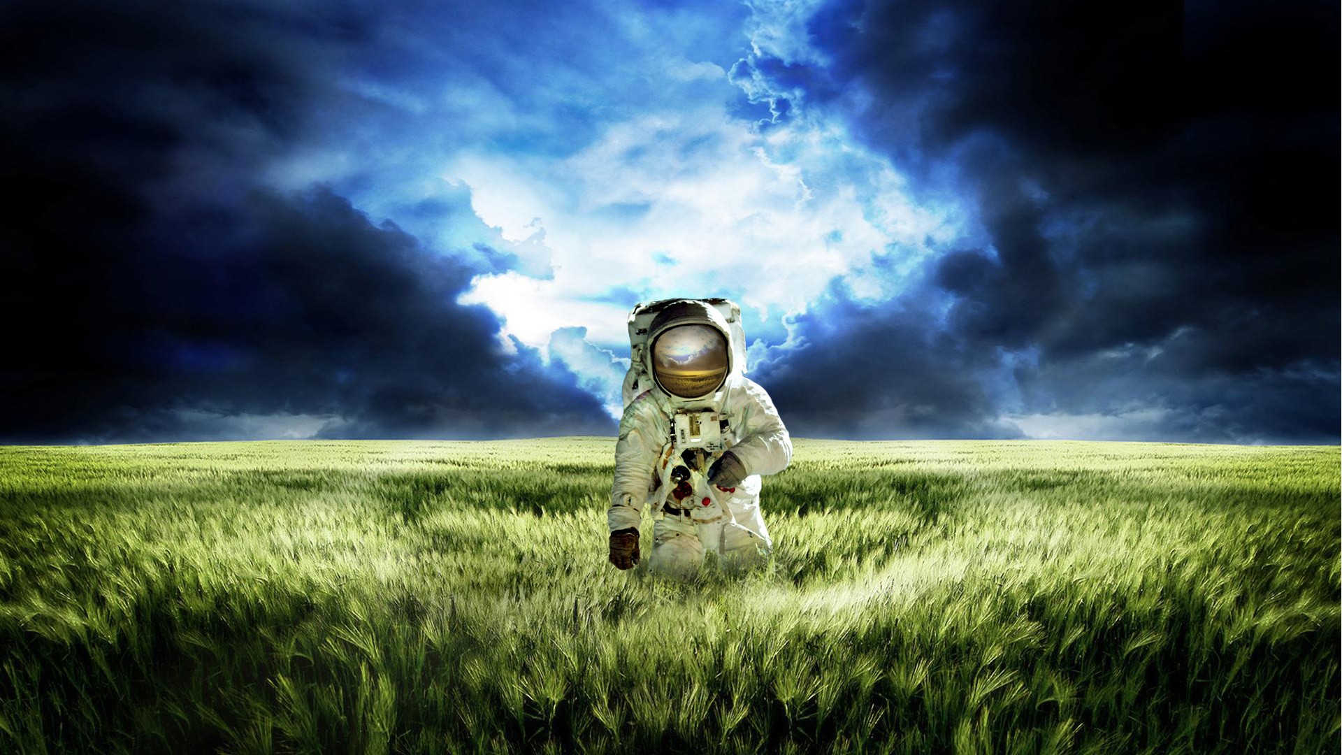 Digital Art Astronaut Helmet Space Suit Nature Field Spikelets Clouds Photo Manipulation Gloves 1920x1080
