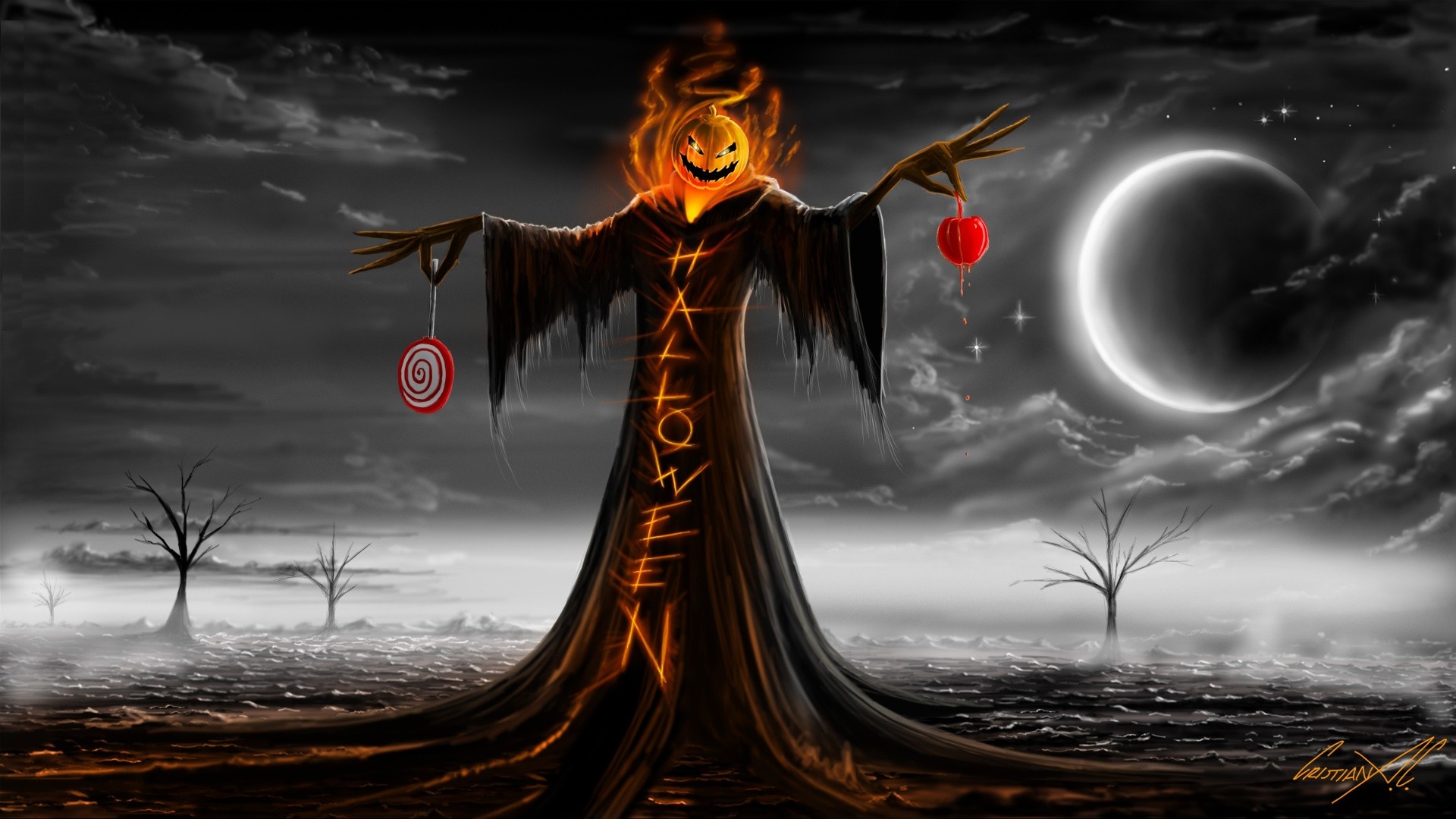 Halloween Pumpkin Scarecrows Moon Clouds 1920x1080