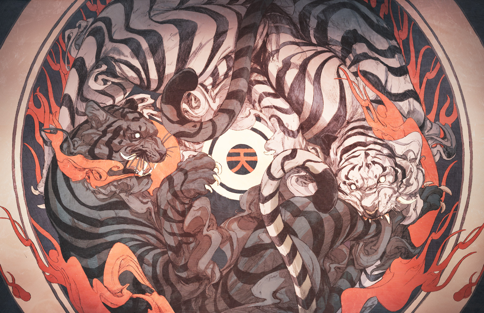 Yin And Yang White Tigers Fire 1544x1000
