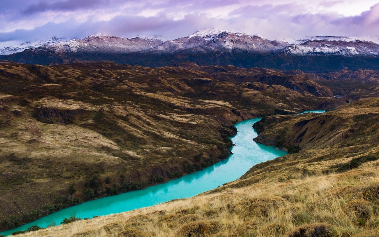 Landscape Nature Dry Grass River Turquoise Water Mountains Patagonia Snowy Peak Chile 1300x812