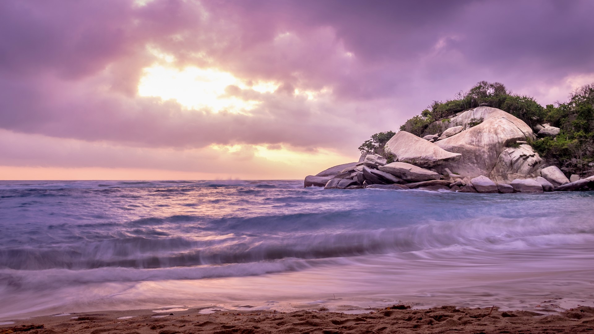 Landscape Nature Beach Rocks Trees Clouds Sky Waves Sand Long Exposure Horizon Sunset Colombia Water 1920x1080