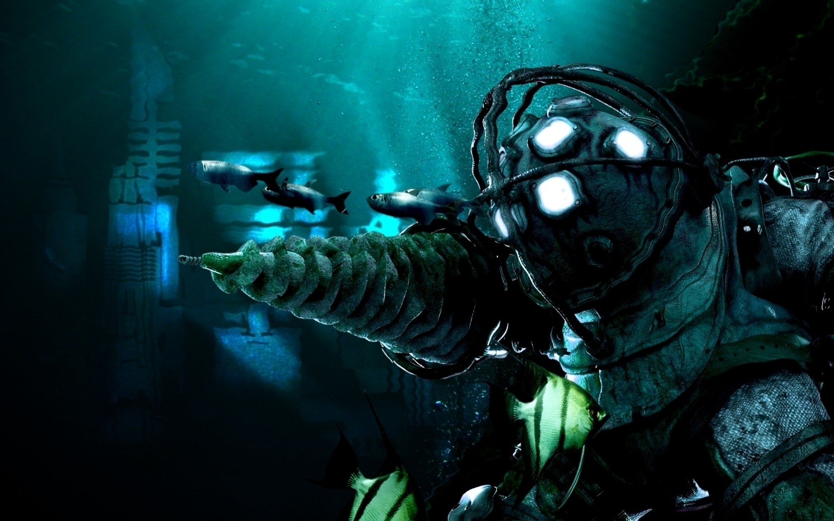 BioShock Big Daddy Underwater Video Games Cyan Dark 1680x1050