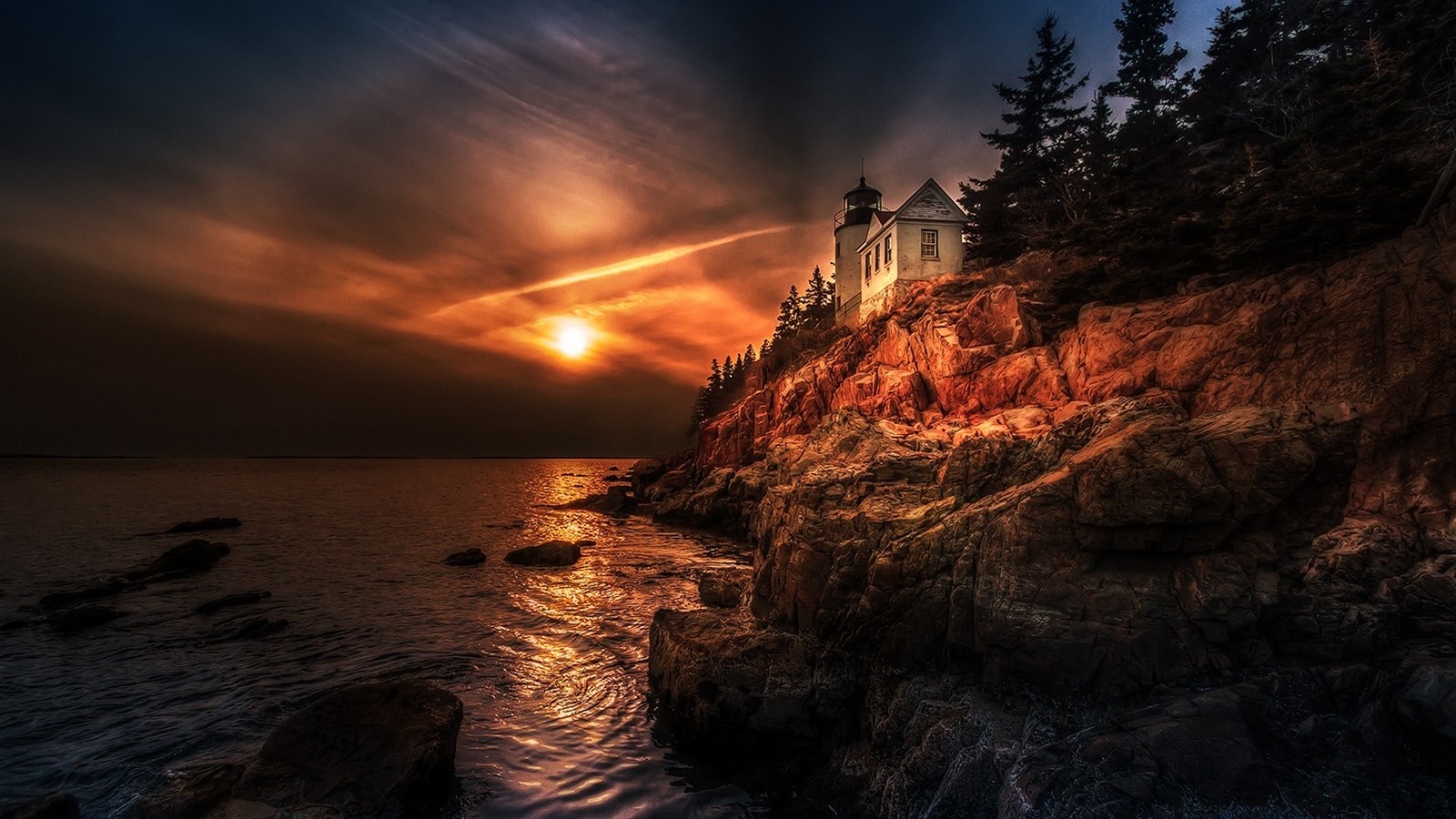 Nature Landscape Sunset Sea Coast Lighthouse Sky Halo HDR Trees Rock Maine 1600x900