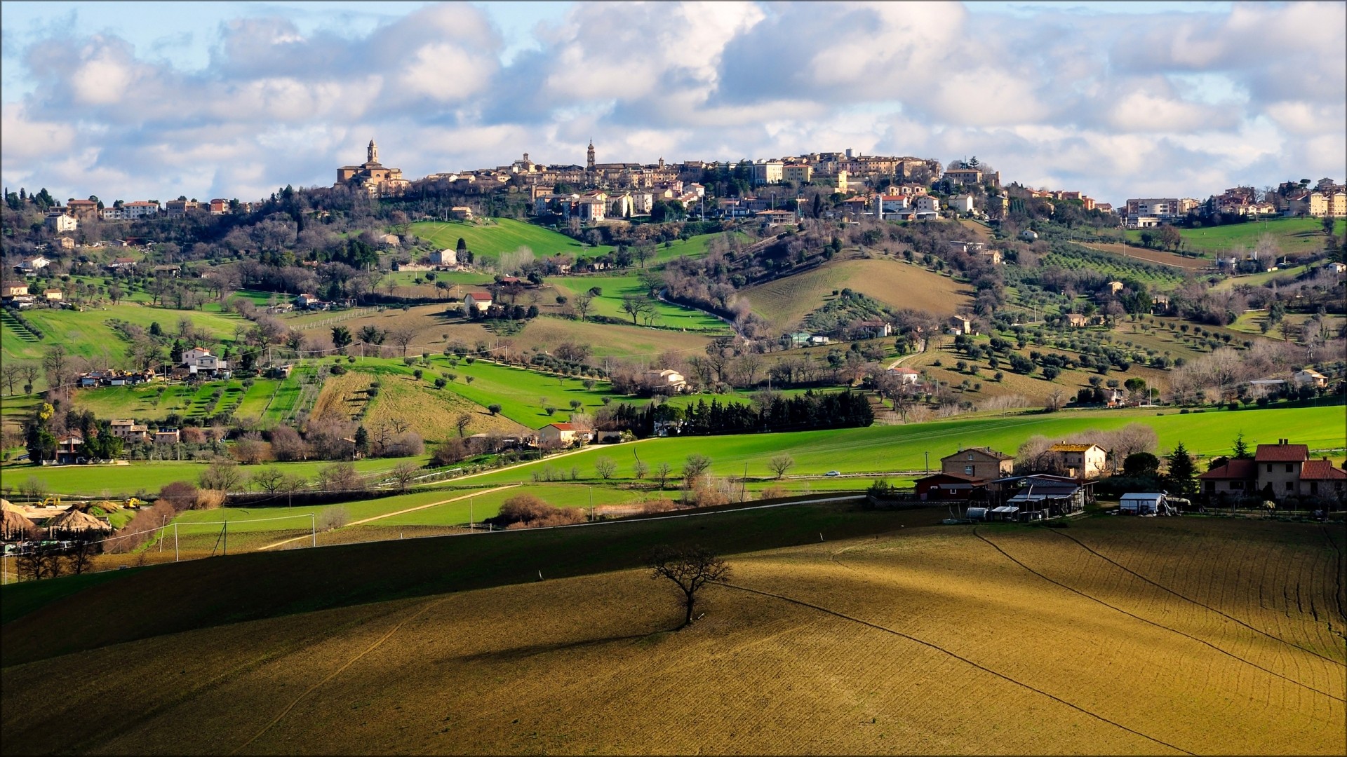 Architecture House Italy Trees Landscape Town Church Hills Field Clouds Villages 1920x1080