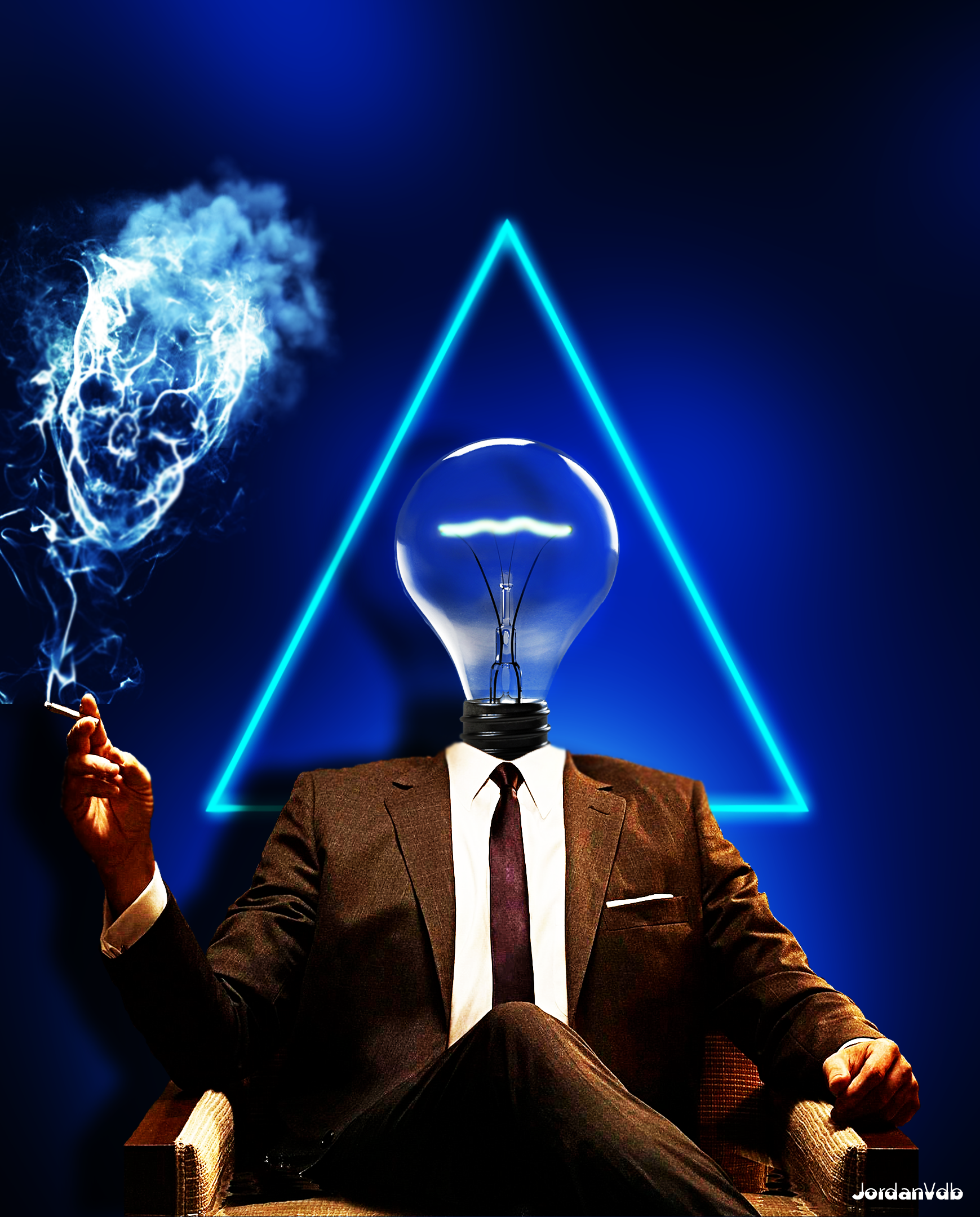 Photo Manipulation Imagination Illuminati Blue Triangle Skull Smoke Don Draper Suits Blue Background 1739x2160