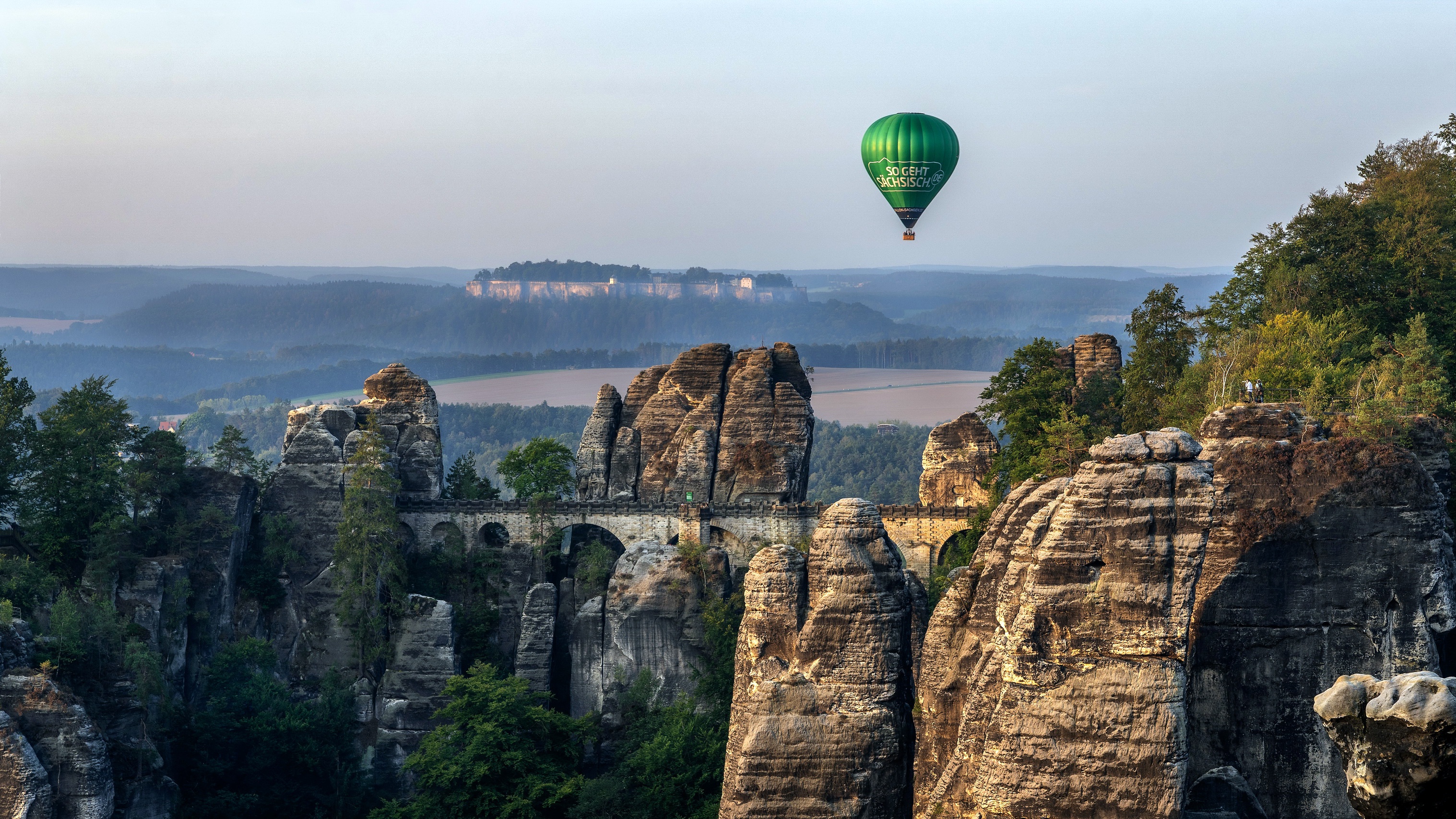 Hot Air Balloons Landscape Vehicle Rock Nature Germany Saxonian Swiss Bastei Sachsen Elb Sandstein G 3035x1707