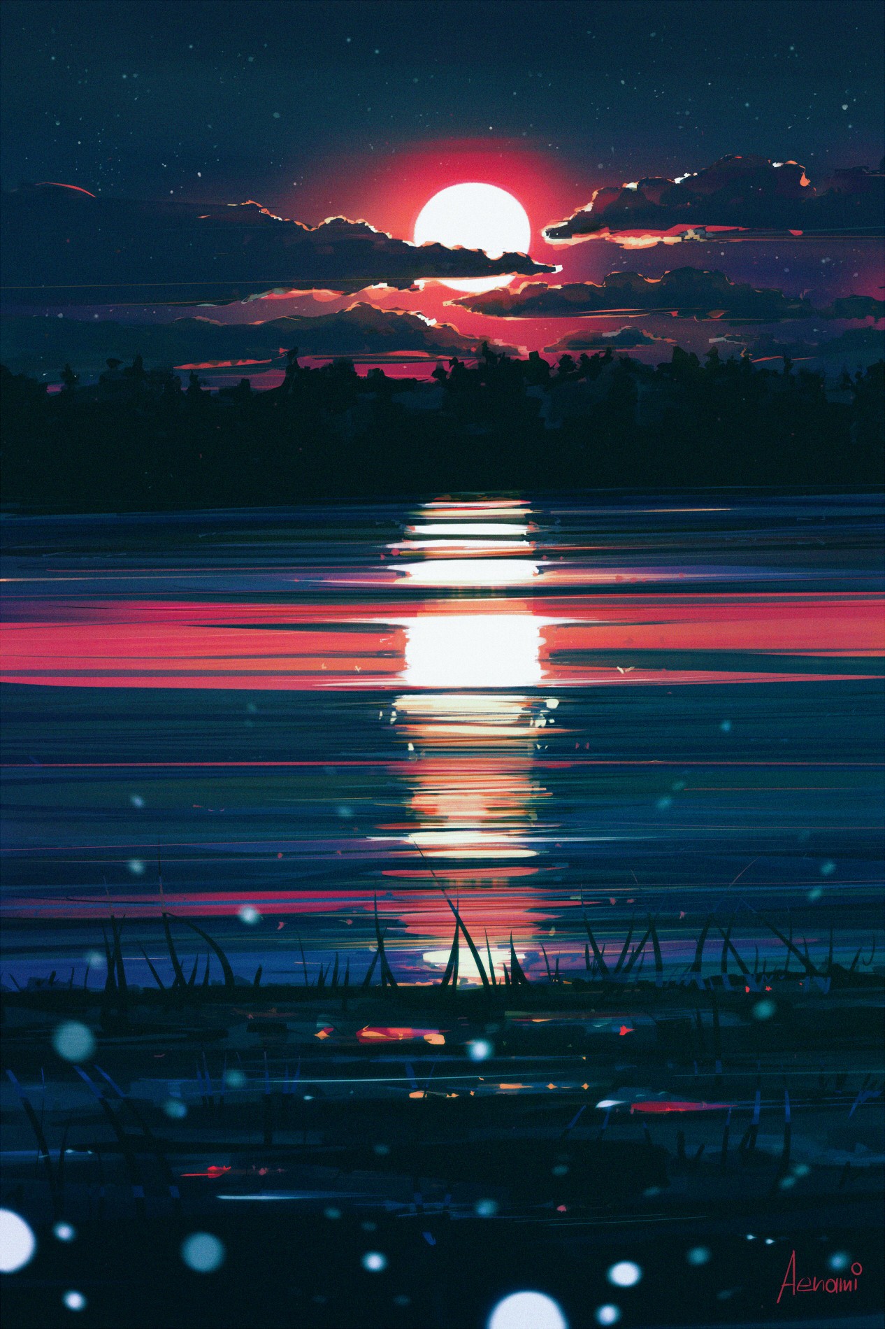 Sunset Illustration Water Night Sun Landscape Grass Clouds Aenami Painting Digital Art Drawing 1266x1900