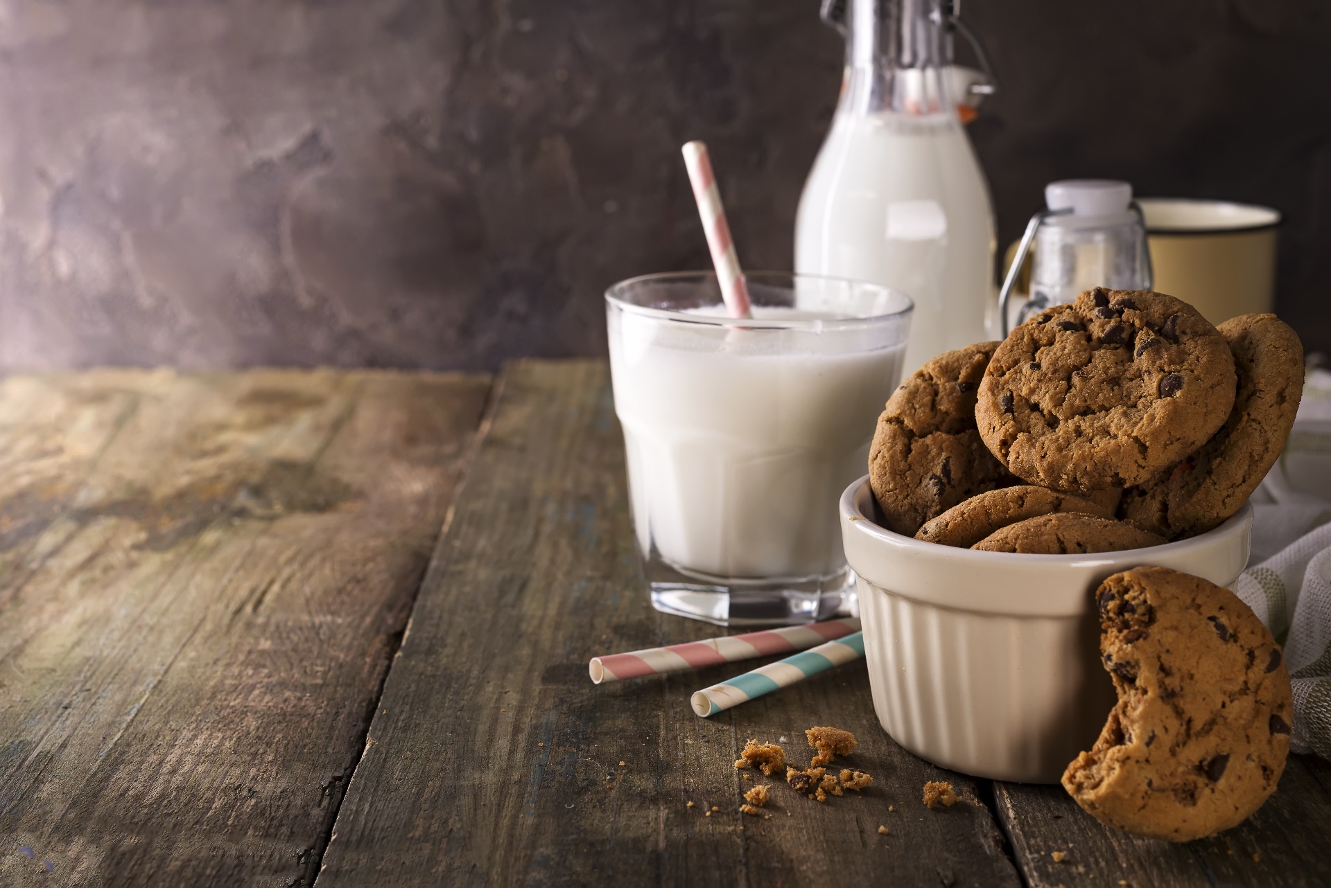 Cookies Milk Food Wooden Surface Straw 1920x1282