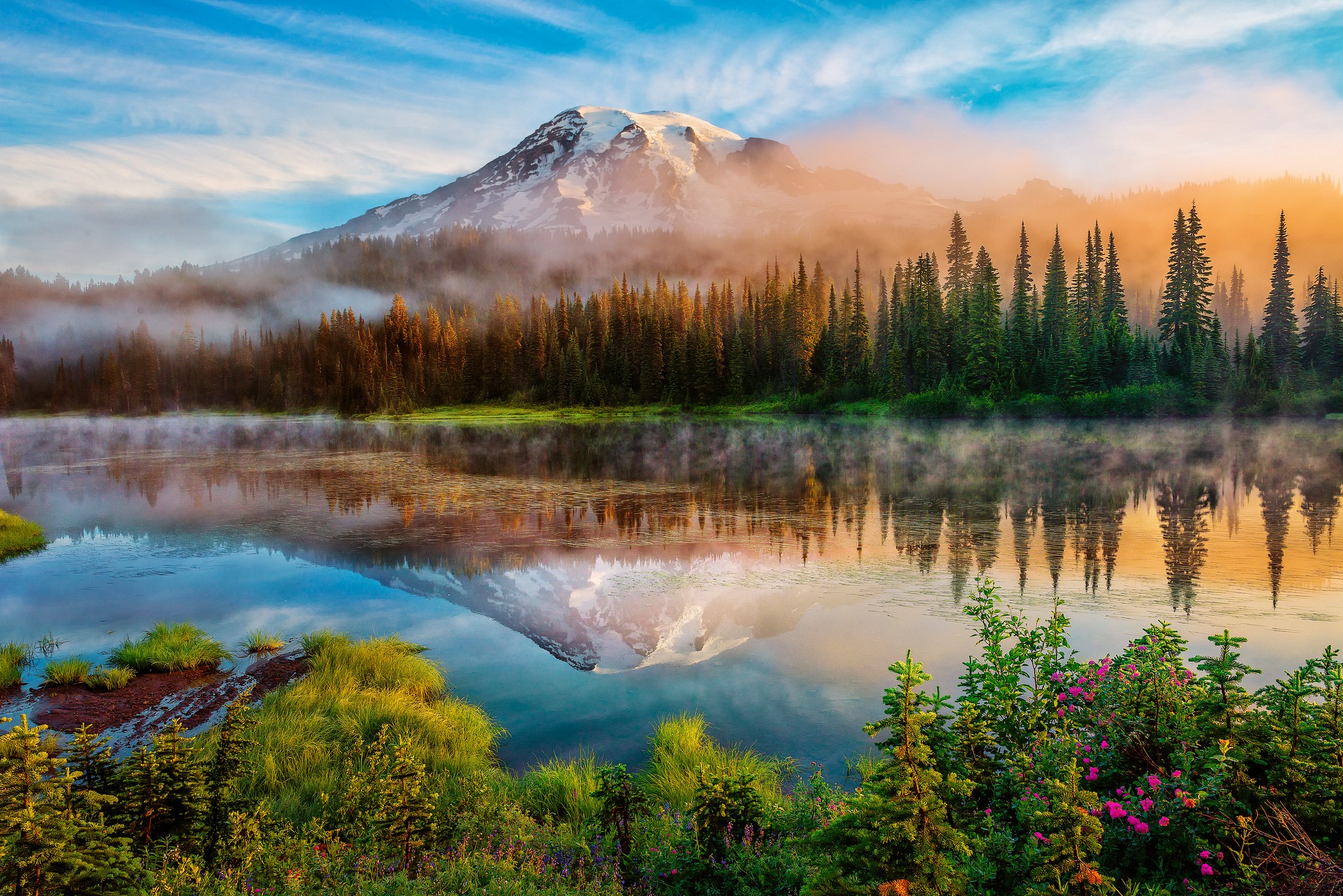 Nature Landscape Trees Forest Mountains Washington State USA Lake Mist Snow Clouds Plants Reflection 2048x1367