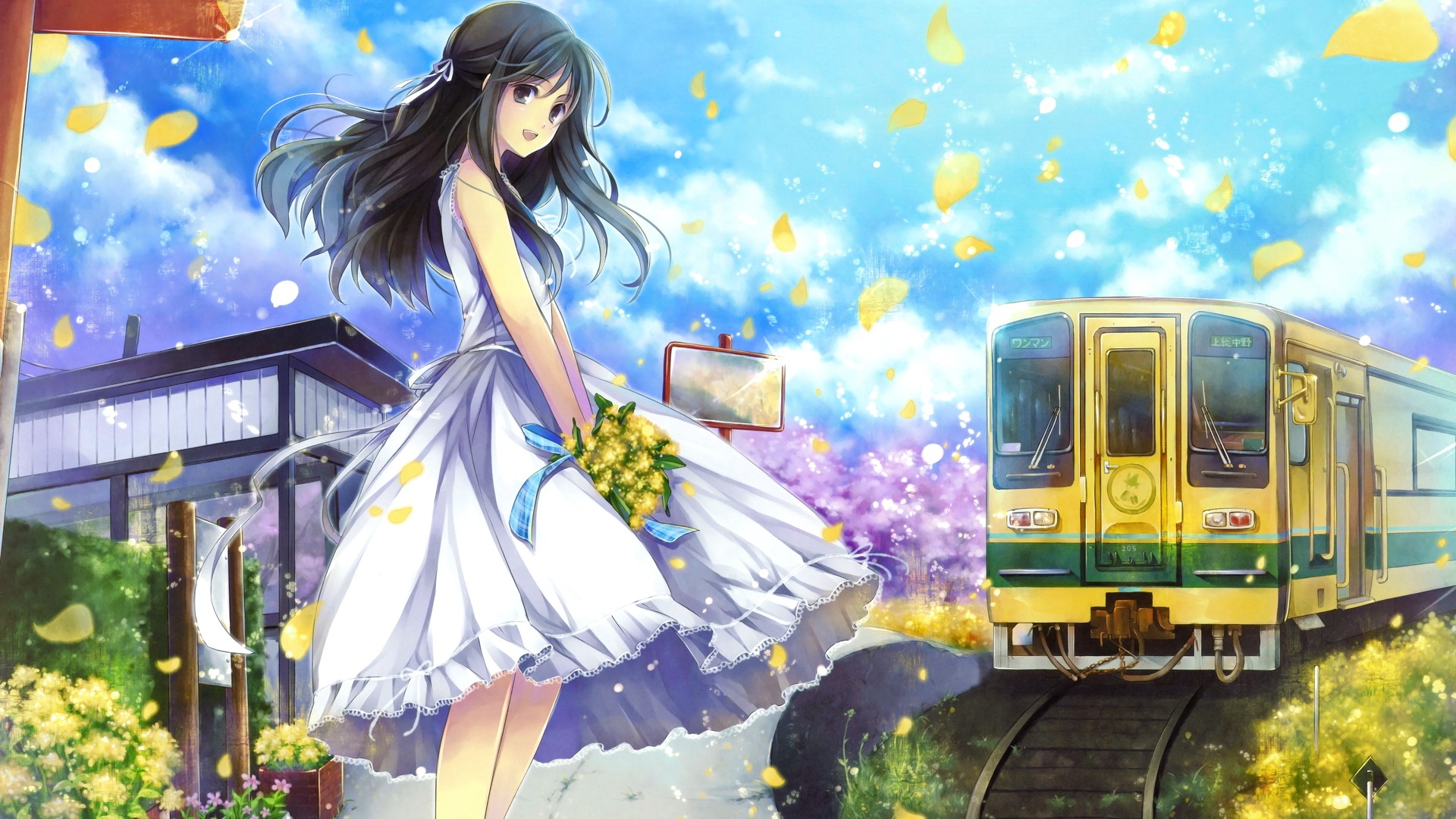 Anime Anime Girls Original Characters Train Dress Flower Petals 1920x1080