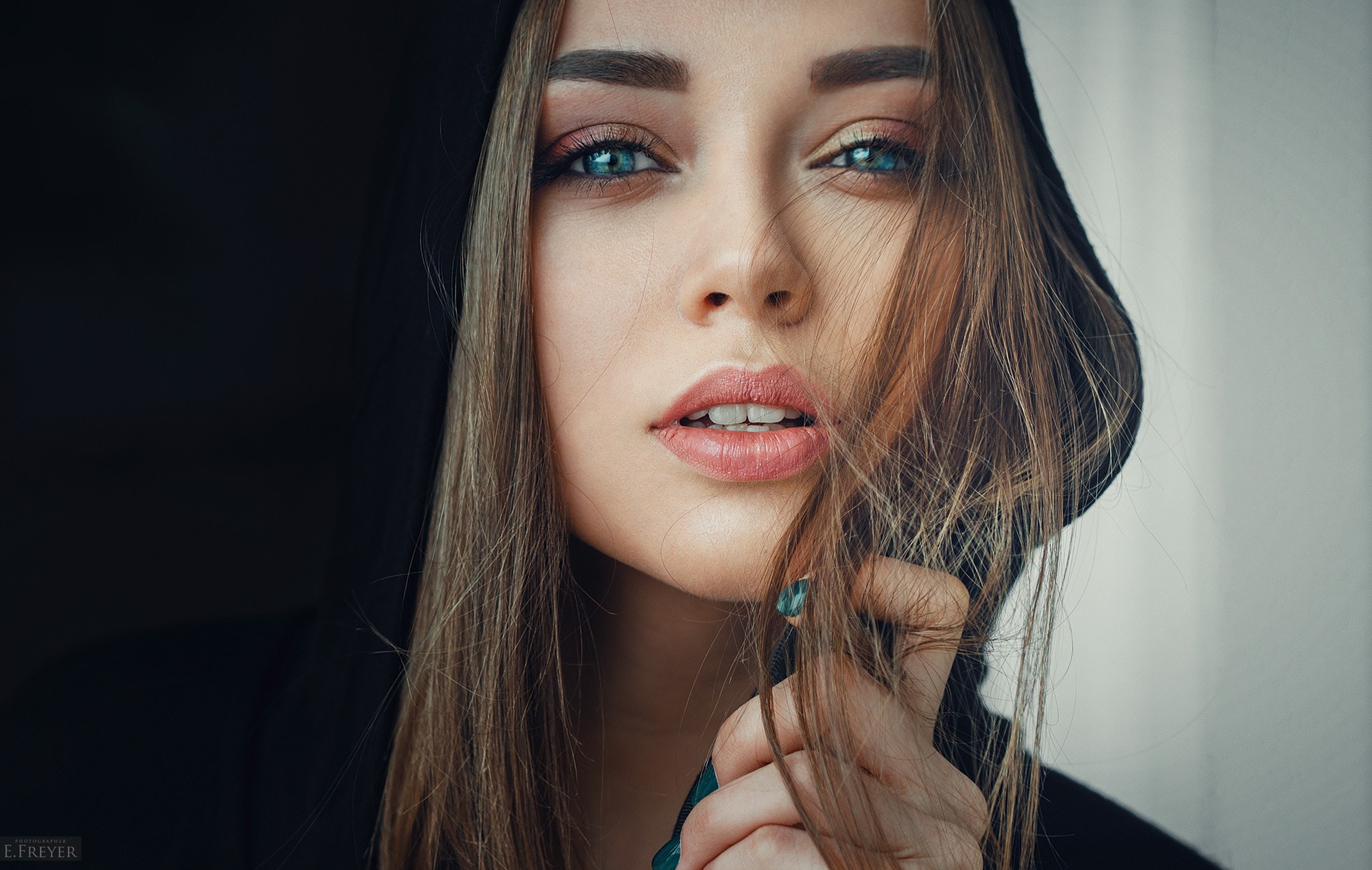 Women Brunette Face Hood Portrait Blue Eyes Hair In Face Closeup Evgeny Freyer Wallpaper