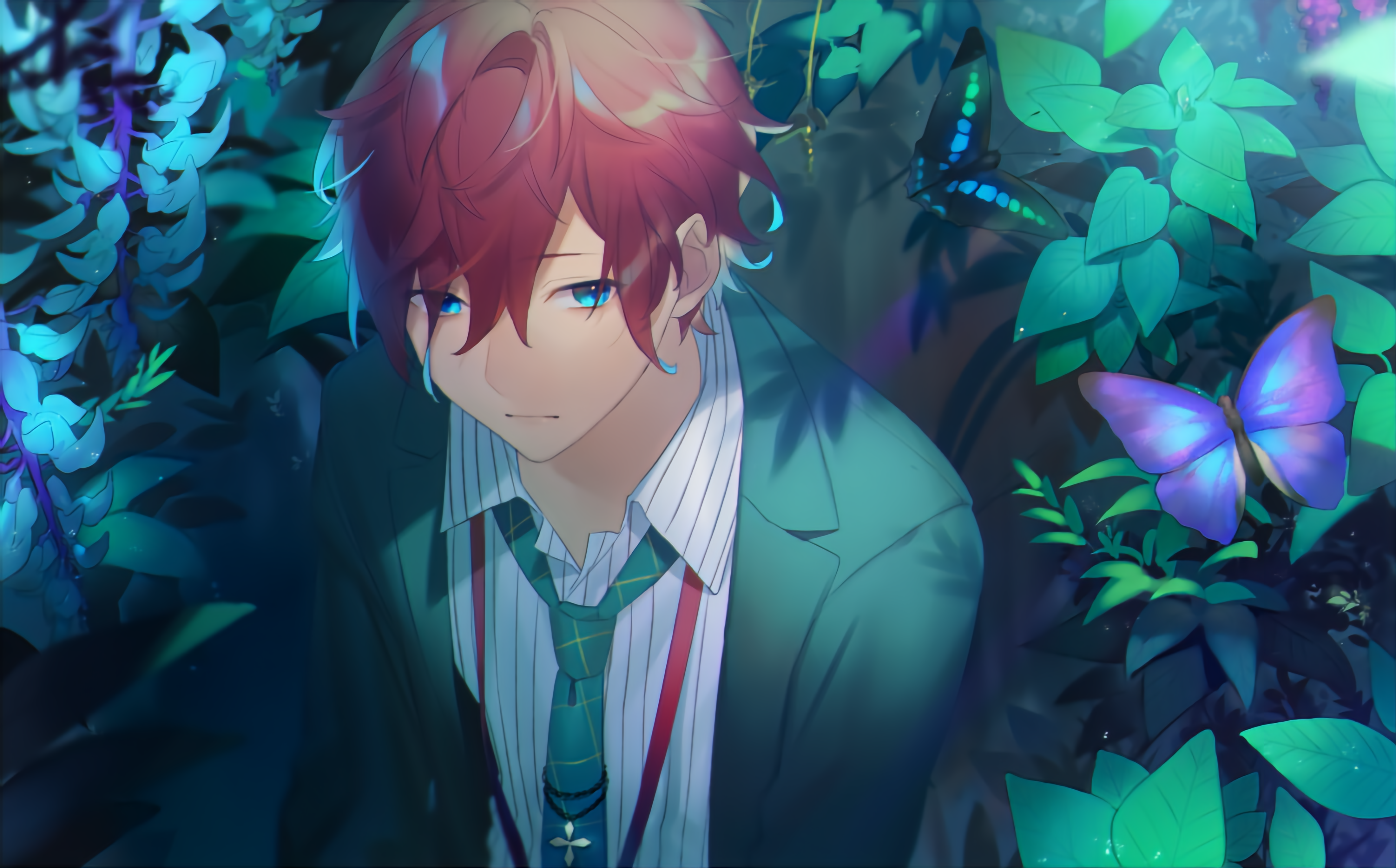 Anime Male Tie Butterfly Plants Blue Eyes Redhead 4400x2736