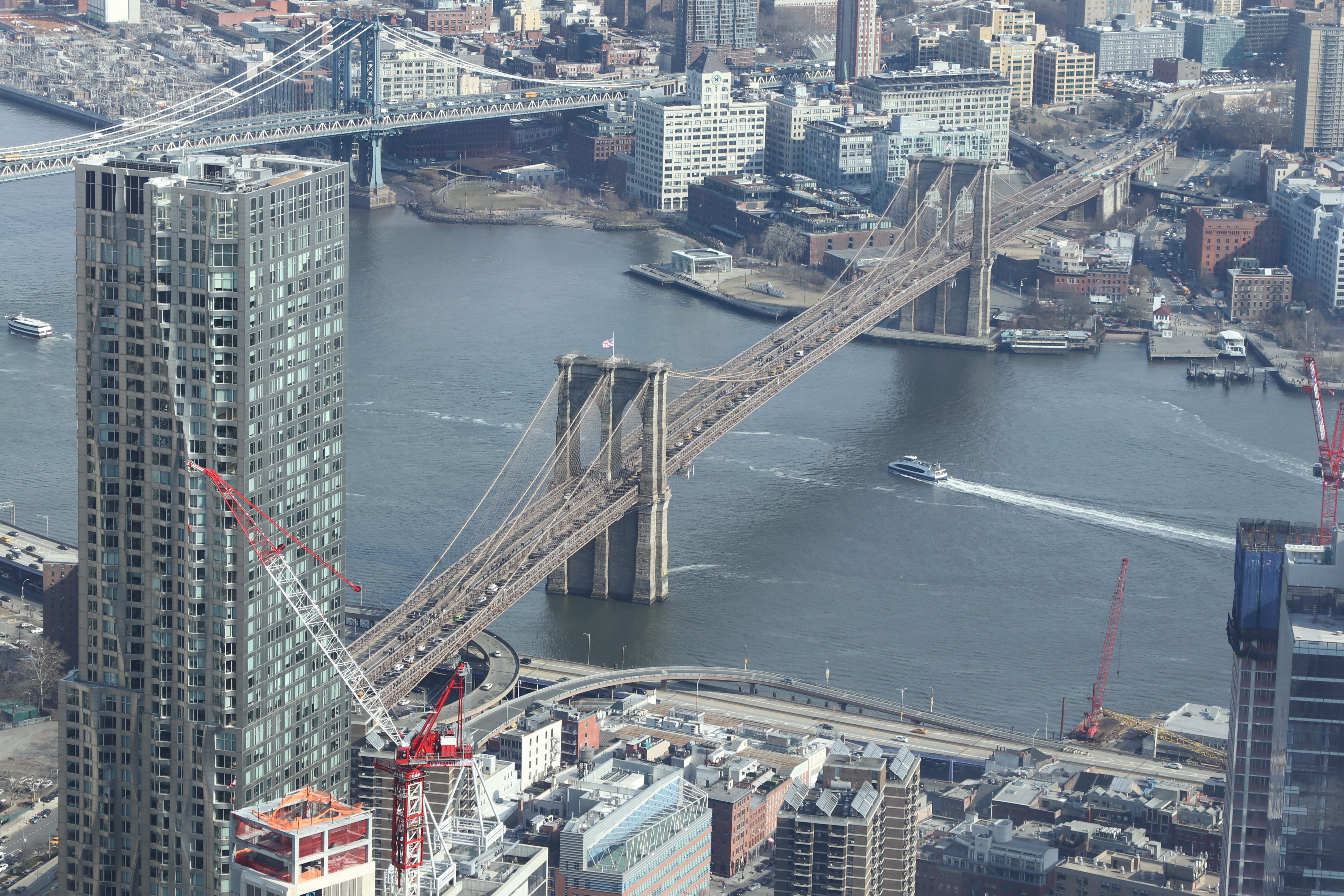 New York City USA Panorama Brooklyn Bridge Cranes Machine Brooklyn East River 6000x4000
