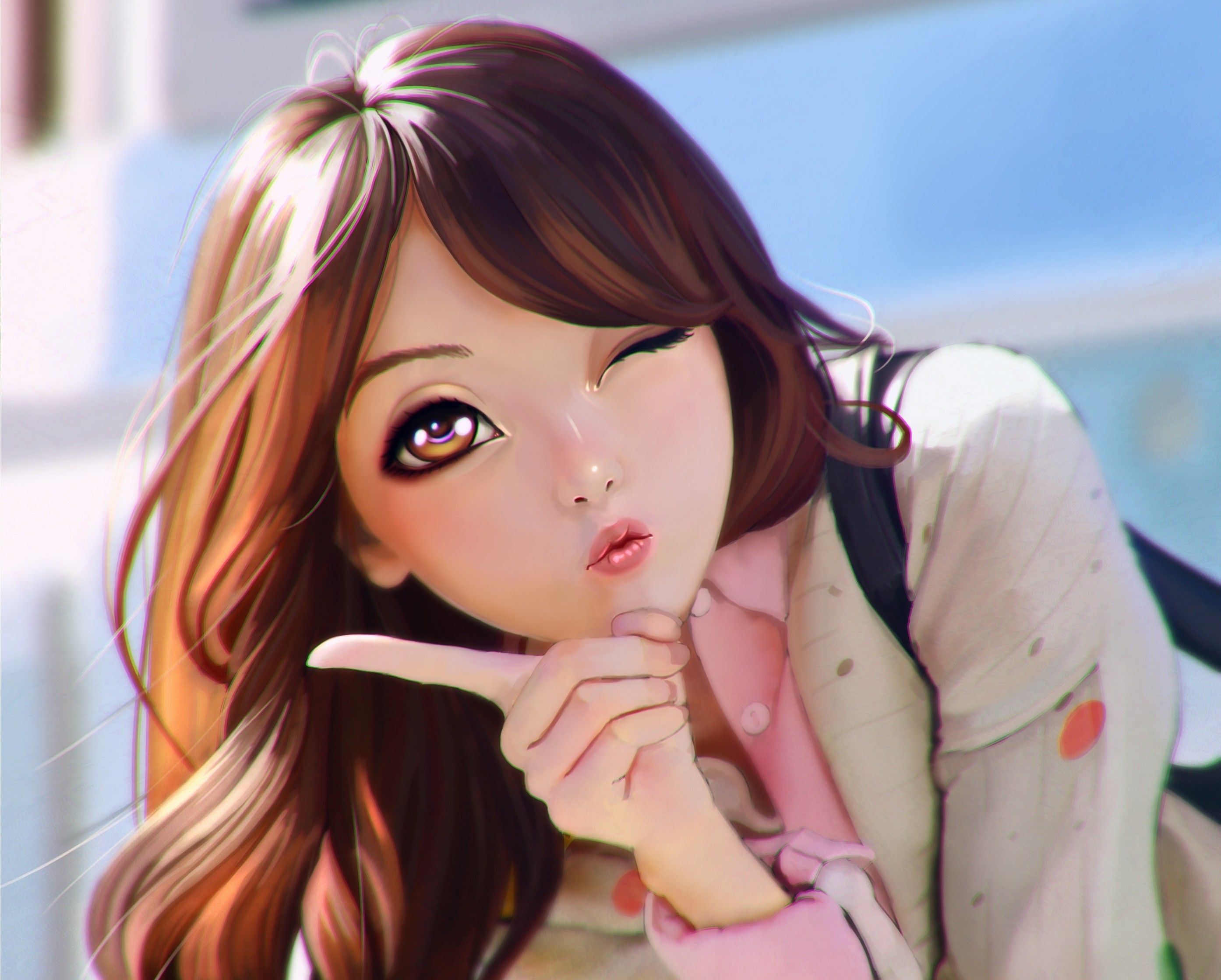 Anime Anime Girls Fingers Face Eyes Lips Hair Winking 2788x2240