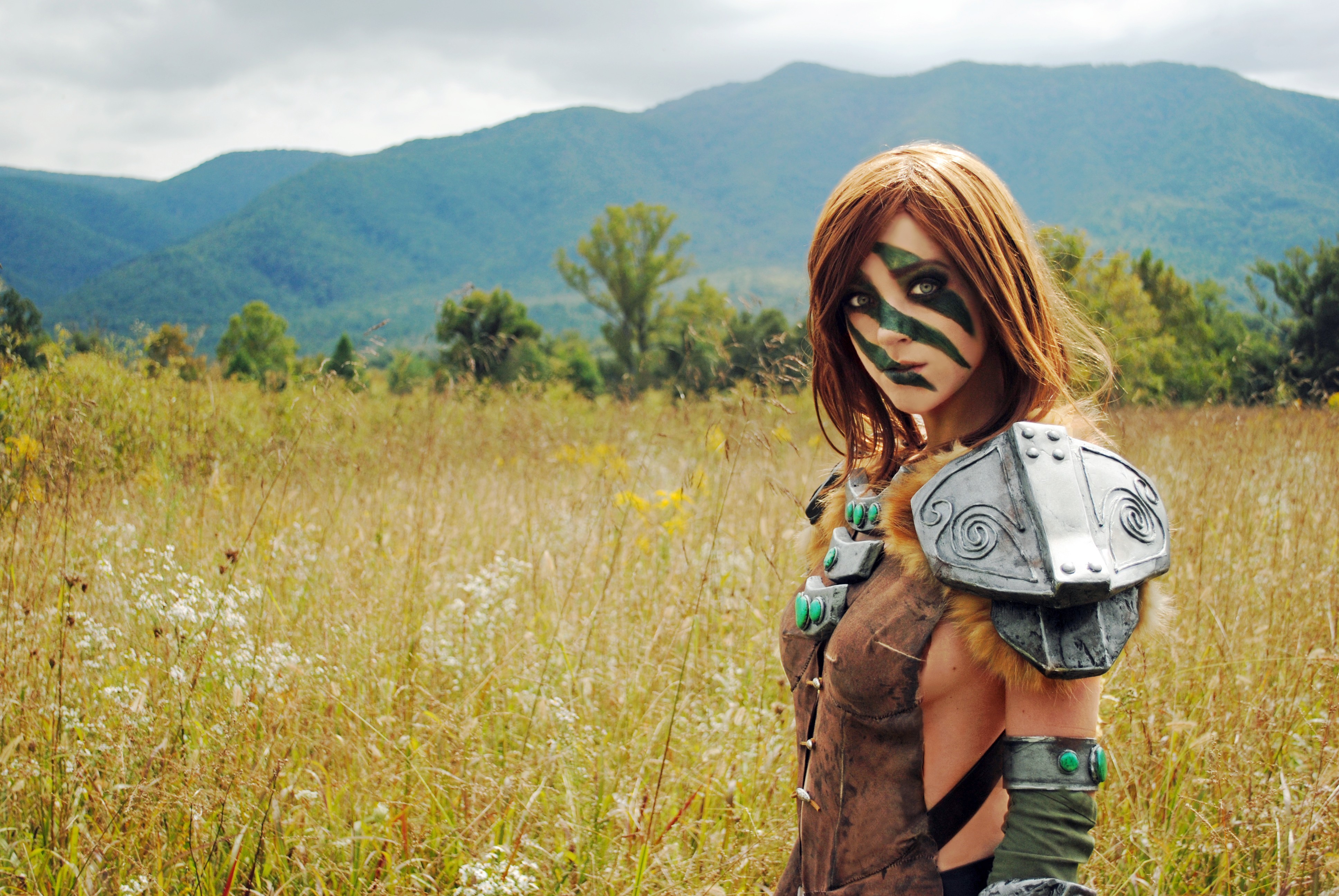 Cosplay Aela The Huntress Skyrim Aela The Elder Scrolls V Skyrim Field Trees Redhead Blue Eyes April 3872x2592