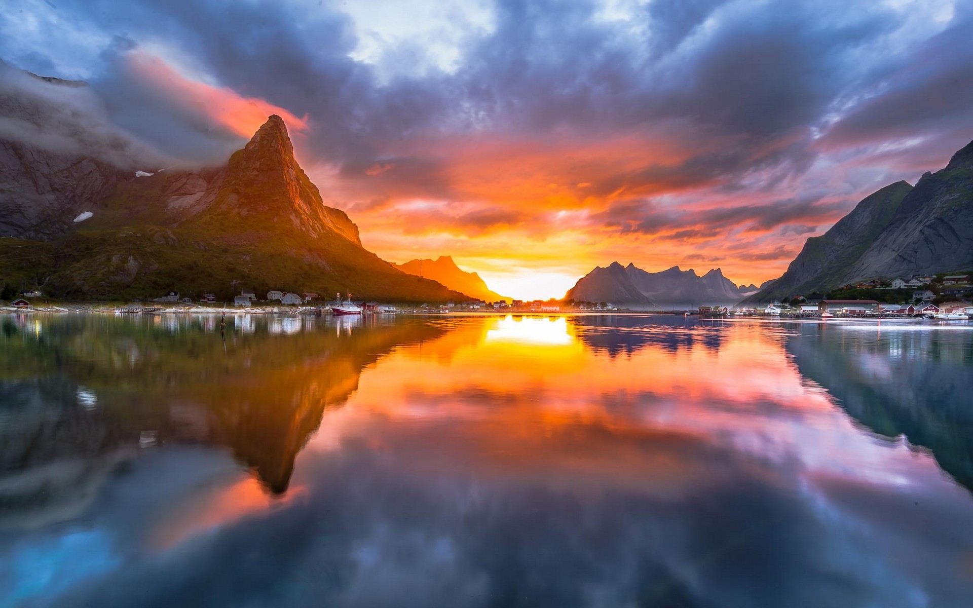 Landscape Nature Midnight Sun Sky Norway Summer Fjord Village Mountains Island Clouds Sea Reflection 1920x1200