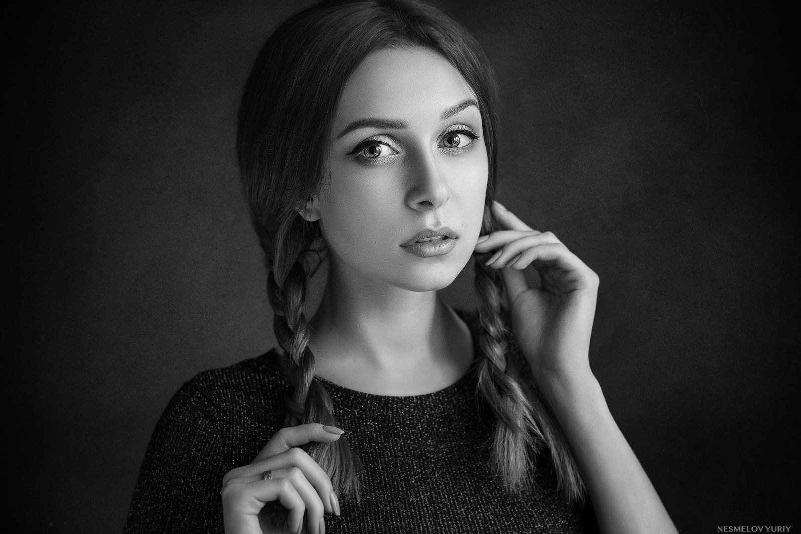 Yuriy Nesmelov Women Long Hair Pigtails Braids Makeup Looking At Viewer Long Nails Jewelry Rings Por 1600x1067