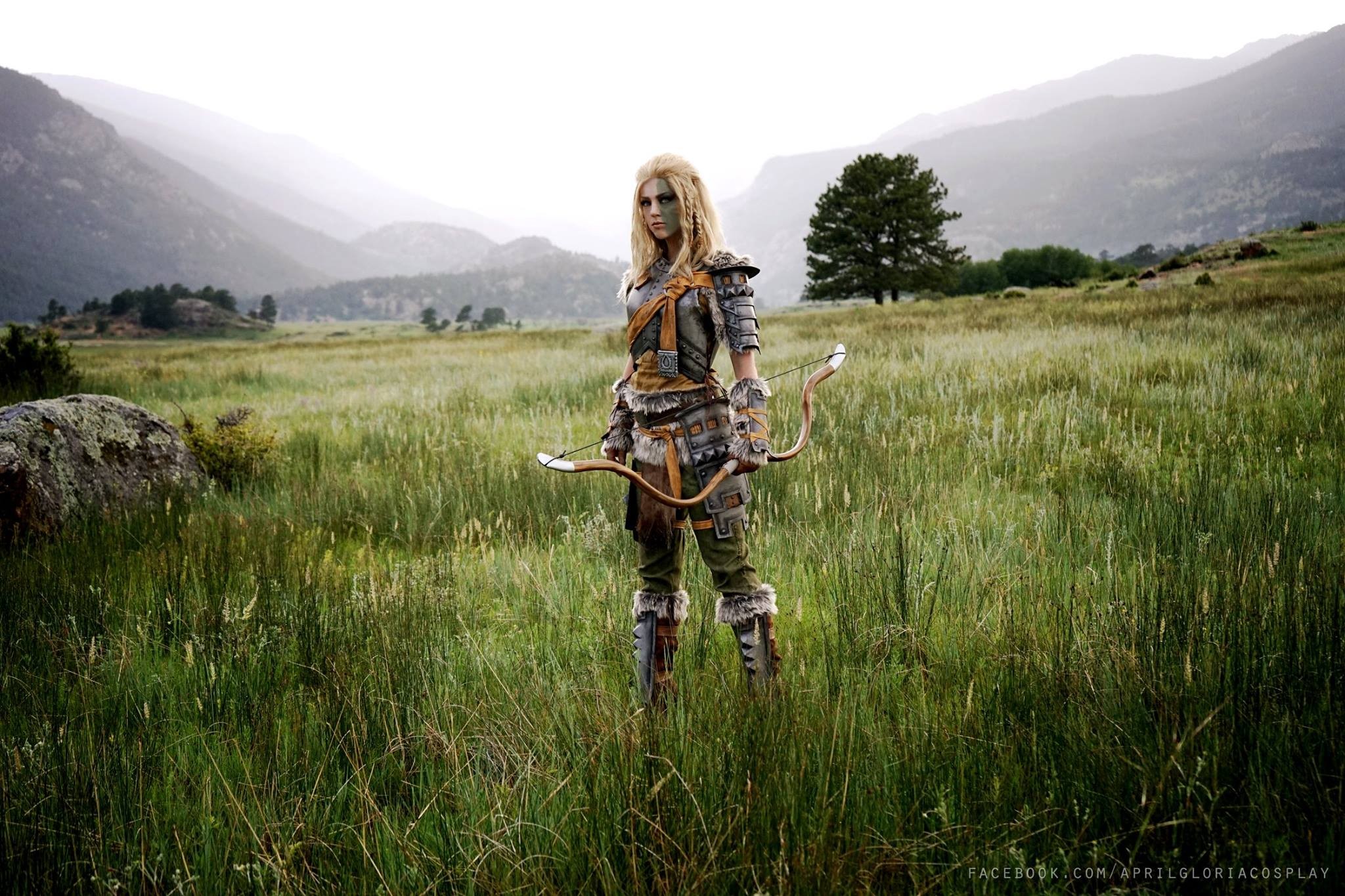 Blonde The Elder Scrolls V Skyrim Cosplay Women Standing Bow Armor Outdoors Long Hair Pigtails April 2048x1365