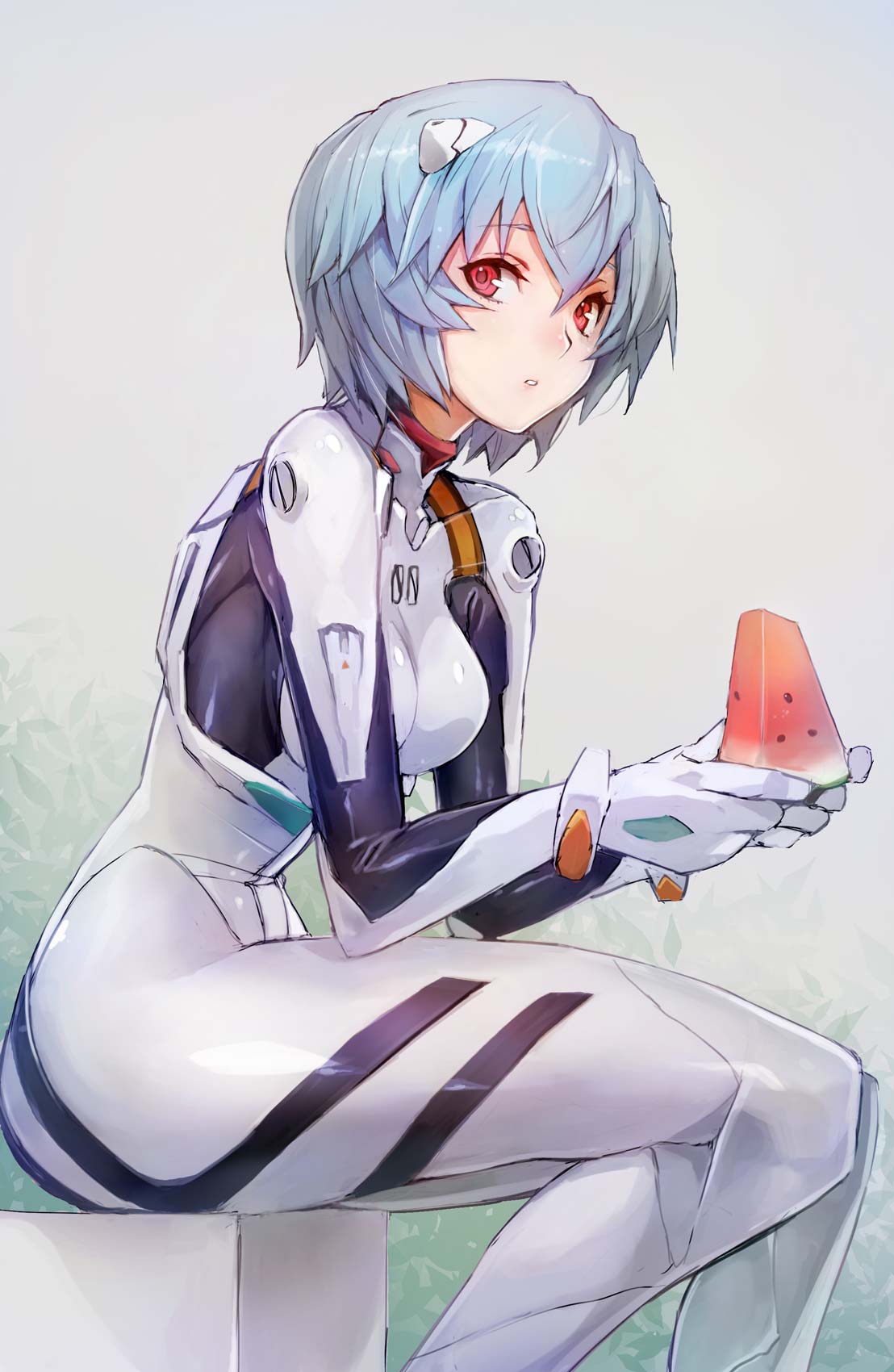 Neon Genesis Evangelion Anime Girls Ayanami Rei Fruit Red Eyes Sitting Melons Plugsuit Short Hair Bl 1108x1700