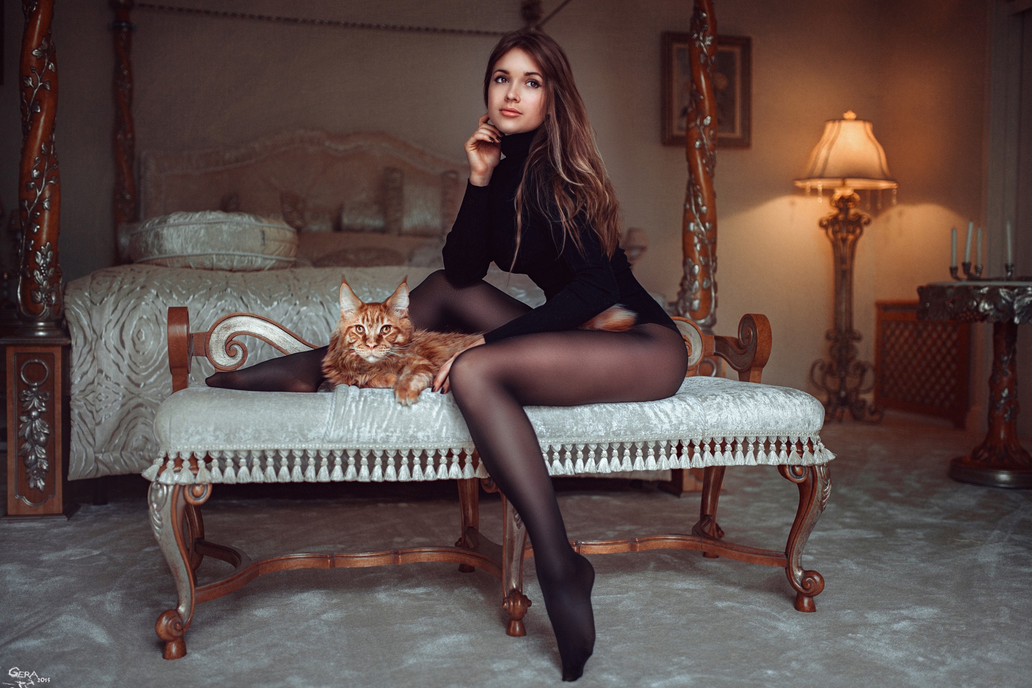 Model Bed Women Cats Legs Women With Cat George Chernyadiev 2048x1367
