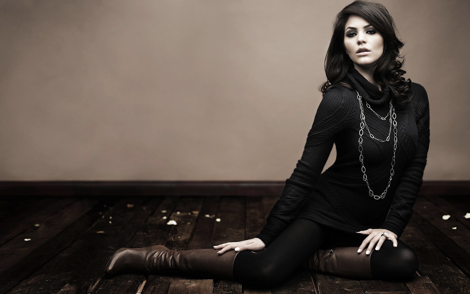 Women Model Long Hair On The Floor Necklace Boots Katharine McPhee 1920x1200