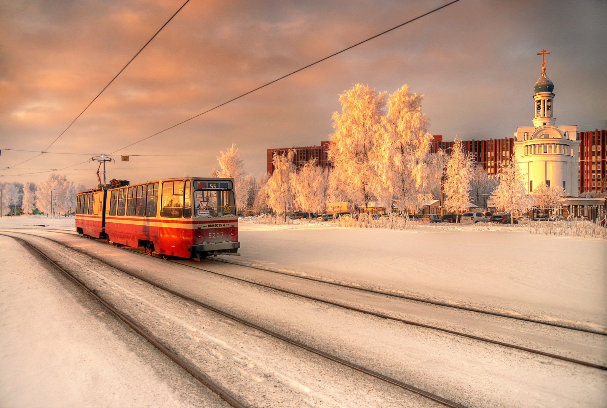 Winter St Petersburg City Tram Church Orthodox Snow Evening Russia Vehicle Sky Cold 2048x1376